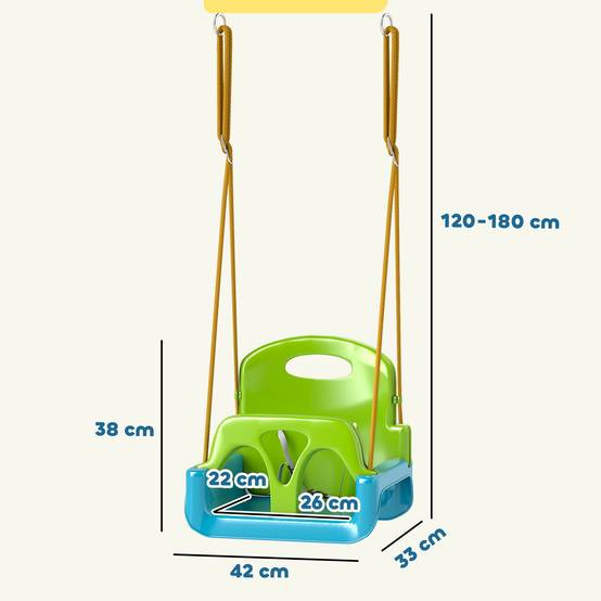 Balançoire enfant 3en1 vert, corde réglable + dossier + barre T + ceinture - Image 5