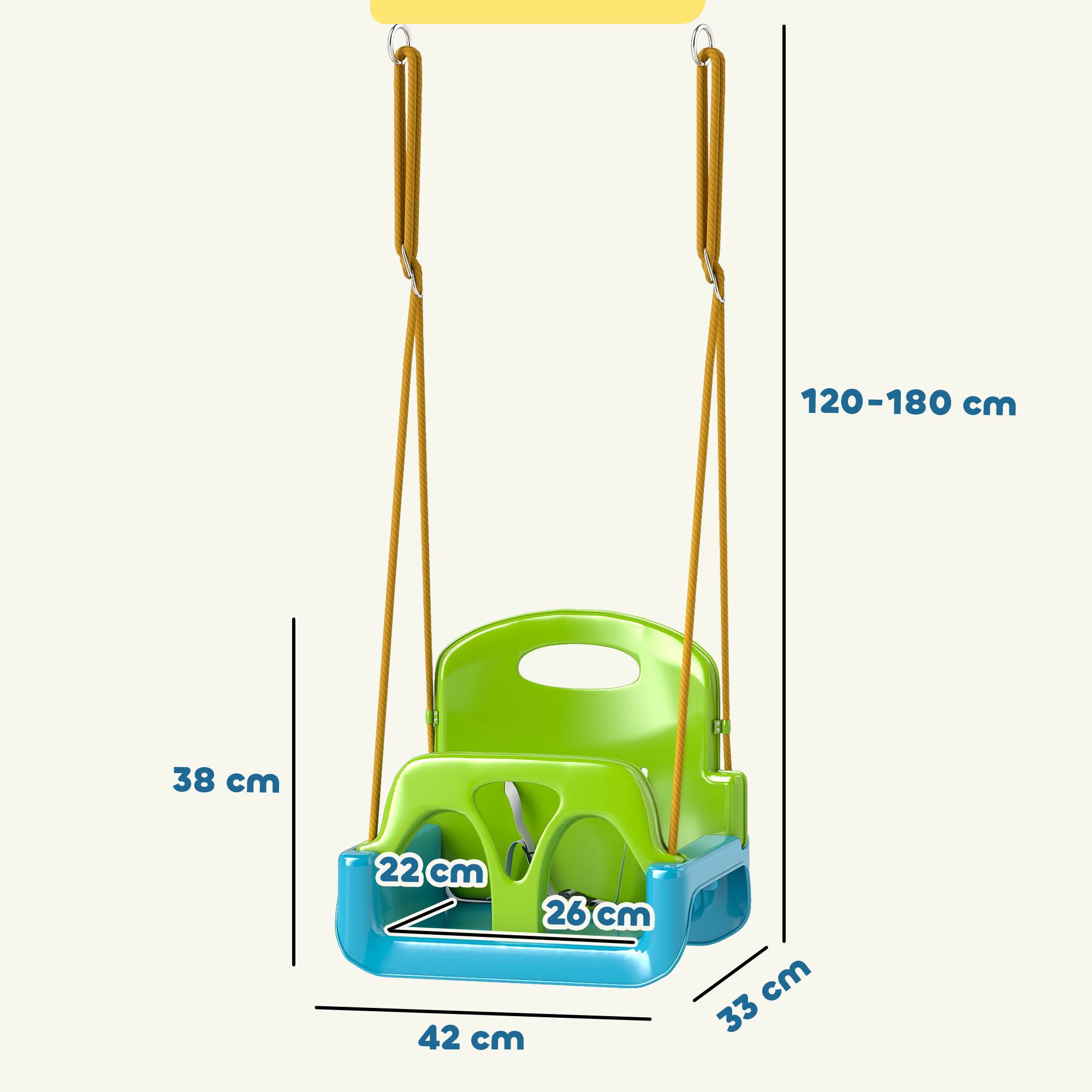 Balançoire enfant 3en1 vert, corde réglable + dossier + barre T + ceinture - Image 5