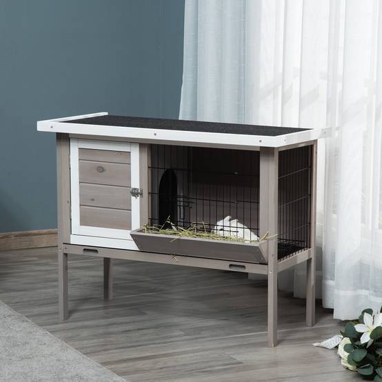 Clapier Bois Surélevé pour Lapins et Petits Animaux avec Toit Charnières, Mangeoire, Bac Amovible et 2 Portes, 91 x 46 x 71 cm, Gris - Image 4