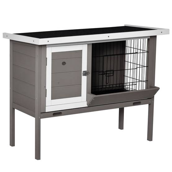 Clapier Bois Surélevé pour Lapins et Petits Animaux avec Toit Charnières, Mangeoire, Bac Amovible et 2 Portes, 91 x 46 x 71 cm, Gris - Image 1