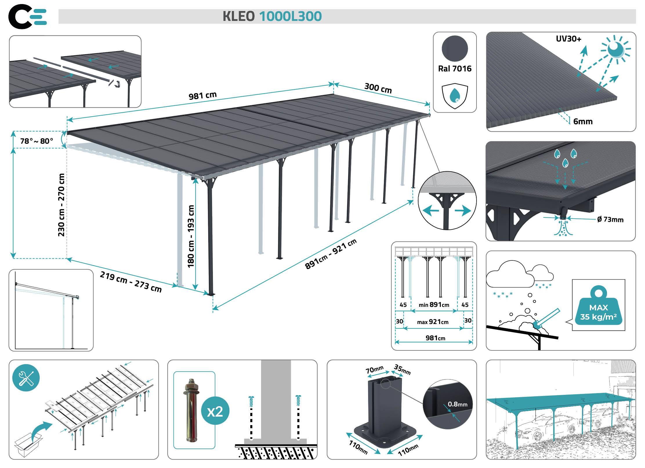 CAZEBOO - Cazeboo Pergola/Carport adossée 30m² KLEO 10x3 m gris - toit terrasse en aluminium et polycarbonate - Image 2