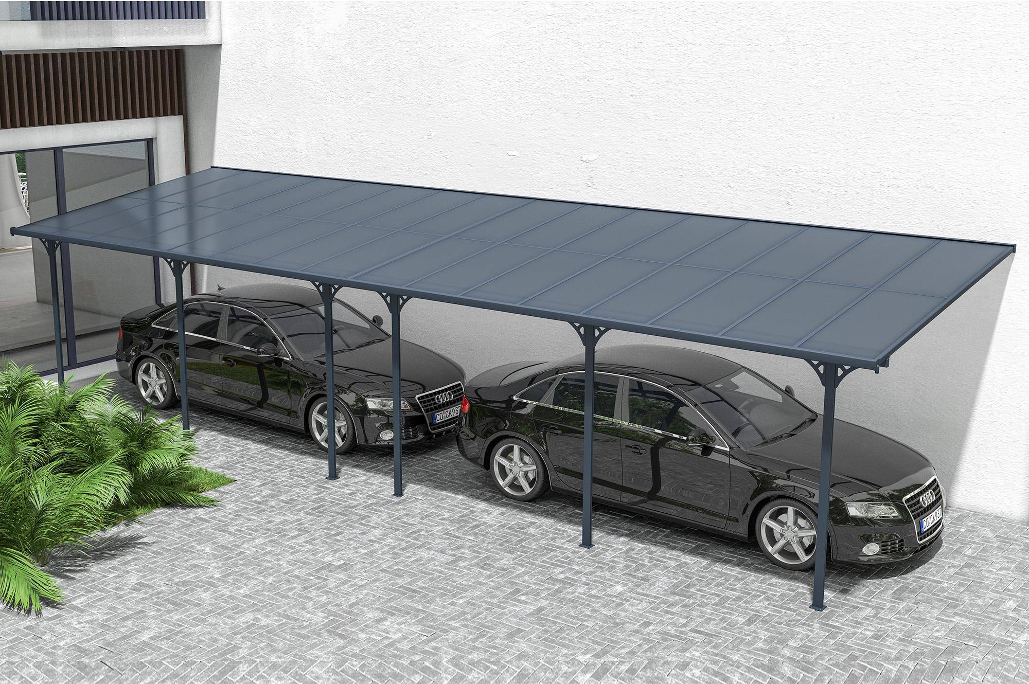 CAZEBOO - Cazeboo Pergola/Carport adossée 30m² KLEO 10x3 m gris - toit terrasse en aluminium et polycarbonate - Image 5