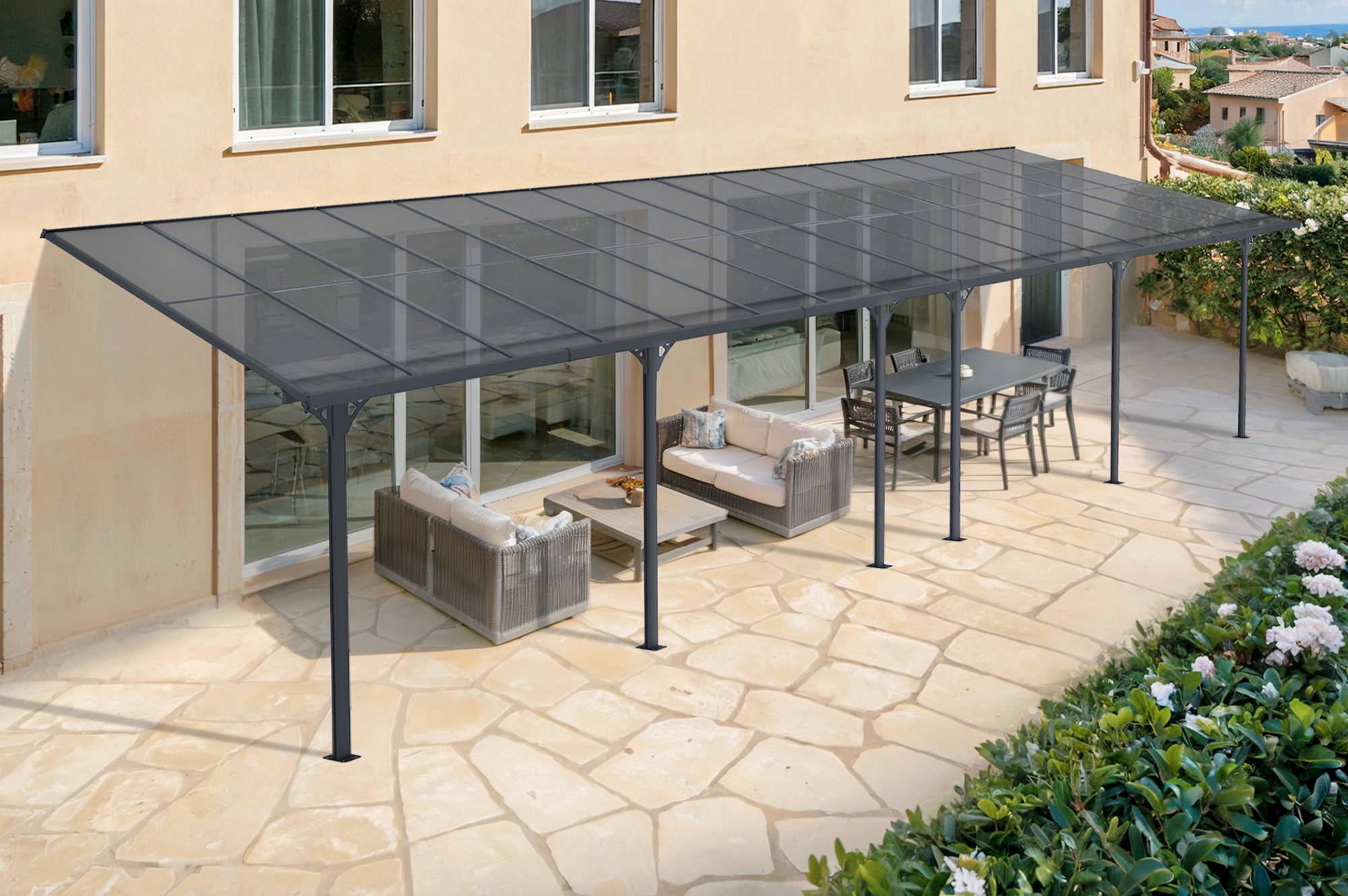 CAZEBOO - Cazeboo Pergola/Carport adossée 30m² KLEO 10x3 m gris - toit terrasse en aluminium et polycarbonate