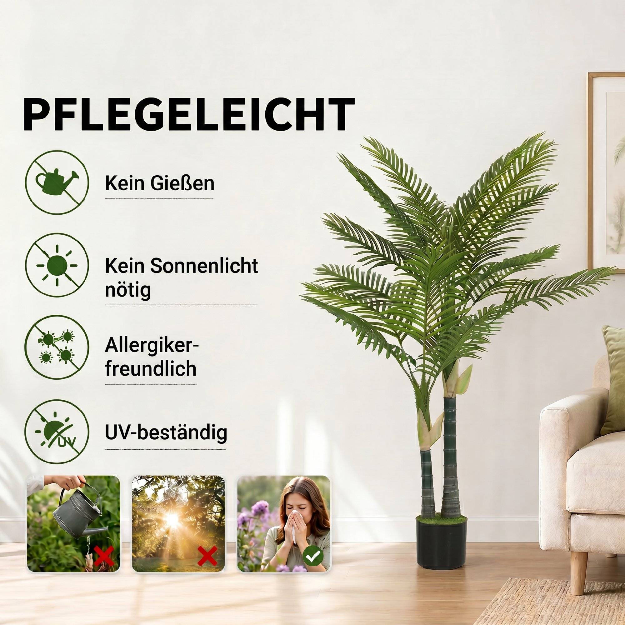 Sans Marque - Palmier artificiel 150cm avec 16 frondes, grand, pot pour salon, balcon, vert - Image 7