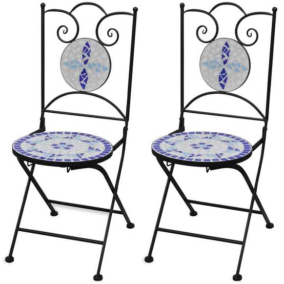 Lot de 2 Chaises de Balcon Pliantes en Mosaïque Céramique et Fer Forgé Bleu et Blanc – ComfortXL Outdoor Living - Image 1