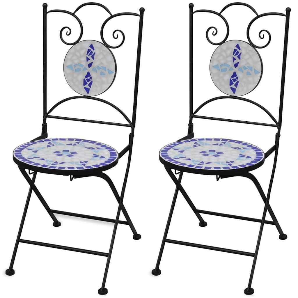Lot de 2 Chaises de Balcon Pliantes en Mosaïque Céramique et Fer Forgé Bleu et Blanc – ComfortXL Outdoor Living - Image 1