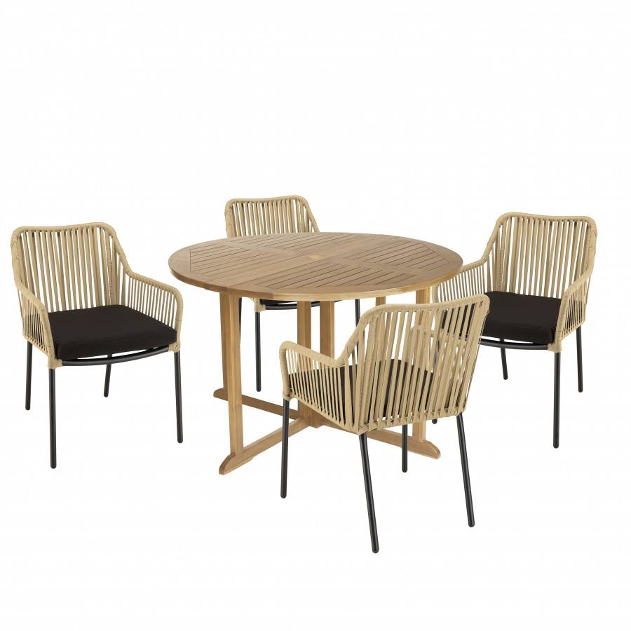 Macabane - MALO - SALON DE JARDIN 4 PERS. - 1 Table ronde 120x120cm et 4 fauteuils beiges et noirs en cordage - Image 1