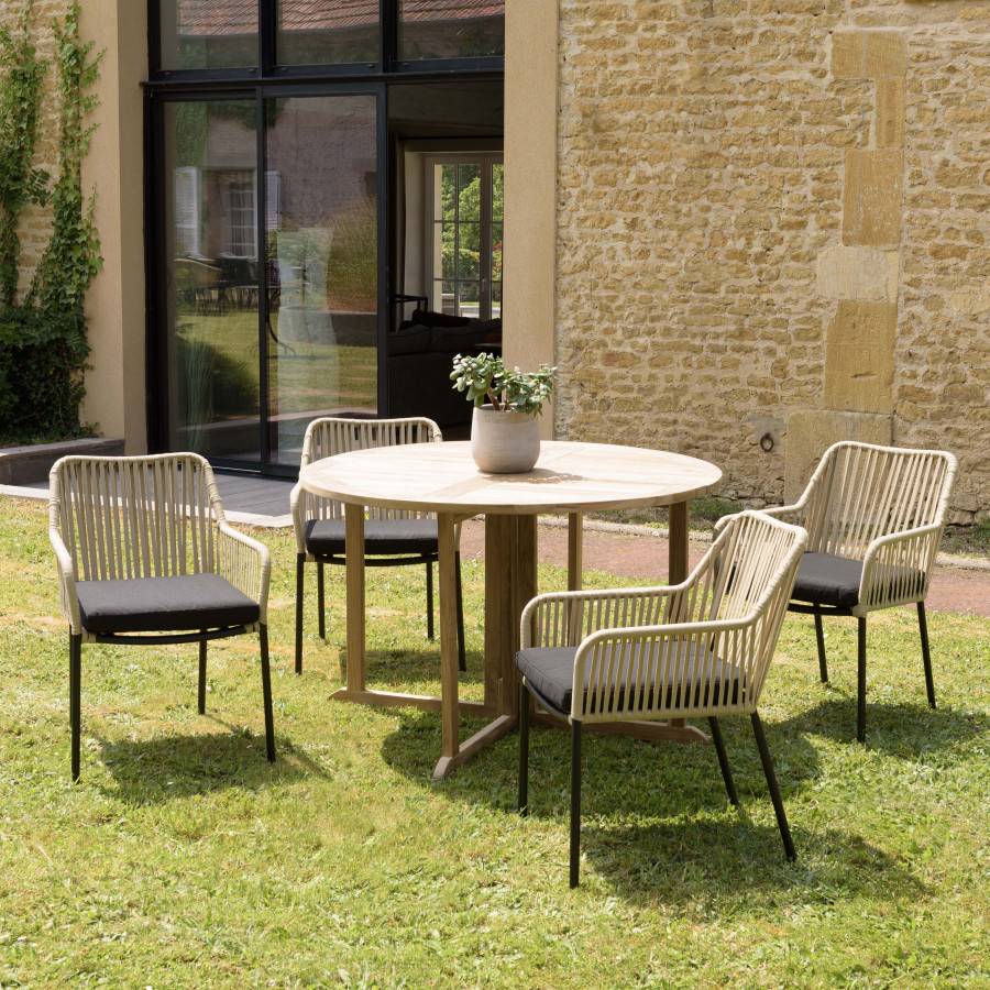 Macabane - MALO - SALON DE JARDIN 4 PERS. - 1 Table ronde 120x120cm et 4 fauteuils beiges et noirs en cordage - Image 2