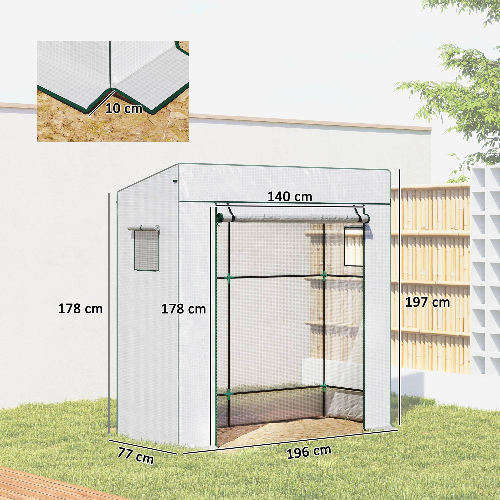 Sans Marque - Serre de jardin murale adossée avec 1 porte enroulable, bâche PE renforcée, 2 fenêtres, dim. 196L x 77l x 197/178H cm - Image 5