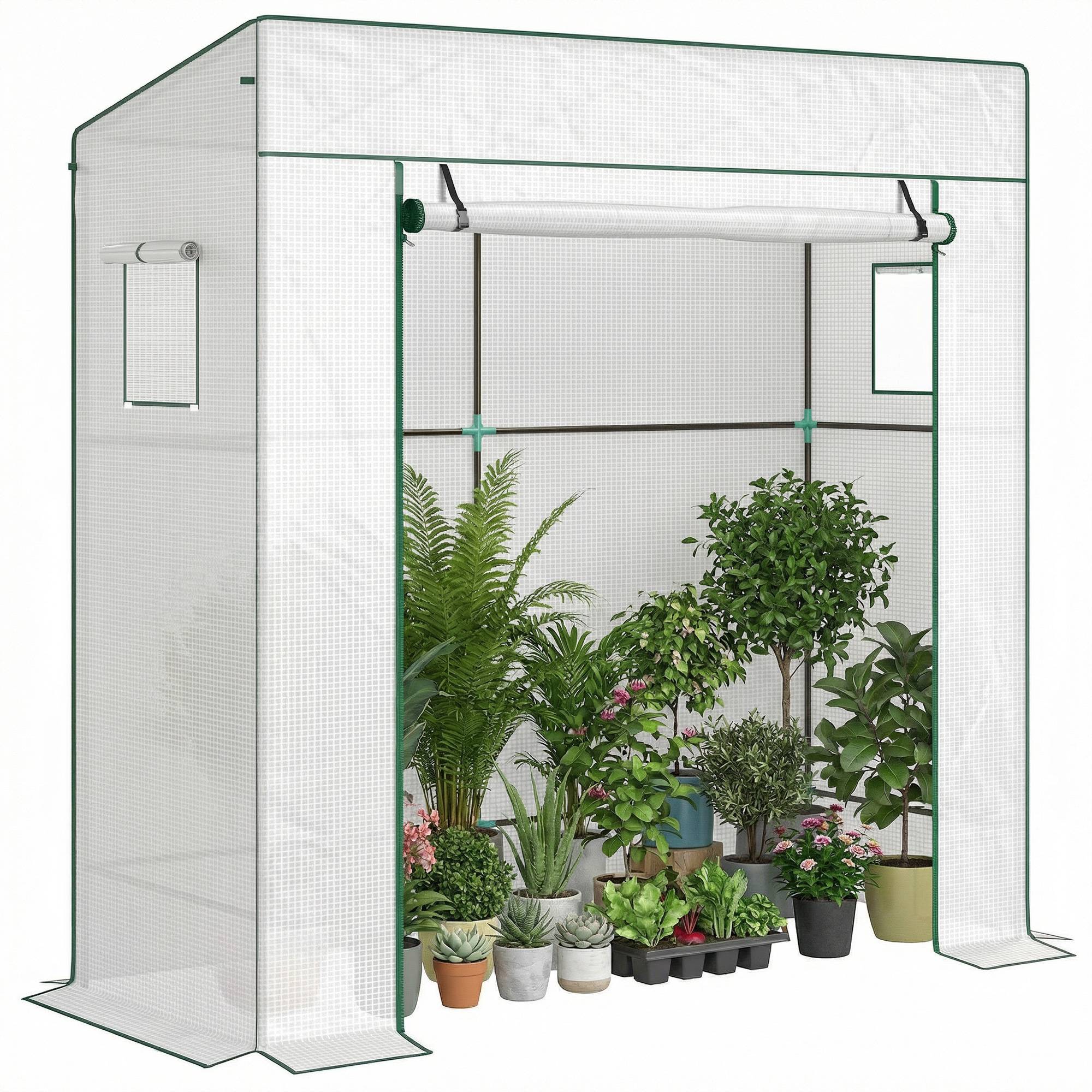 Sans Marque - Serre de jardin murale adossée avec 1 porte enroulable, bâche PE renforcée, 2 fenêtres, dim. 196L x 77l x 197/178H cm - Image 1