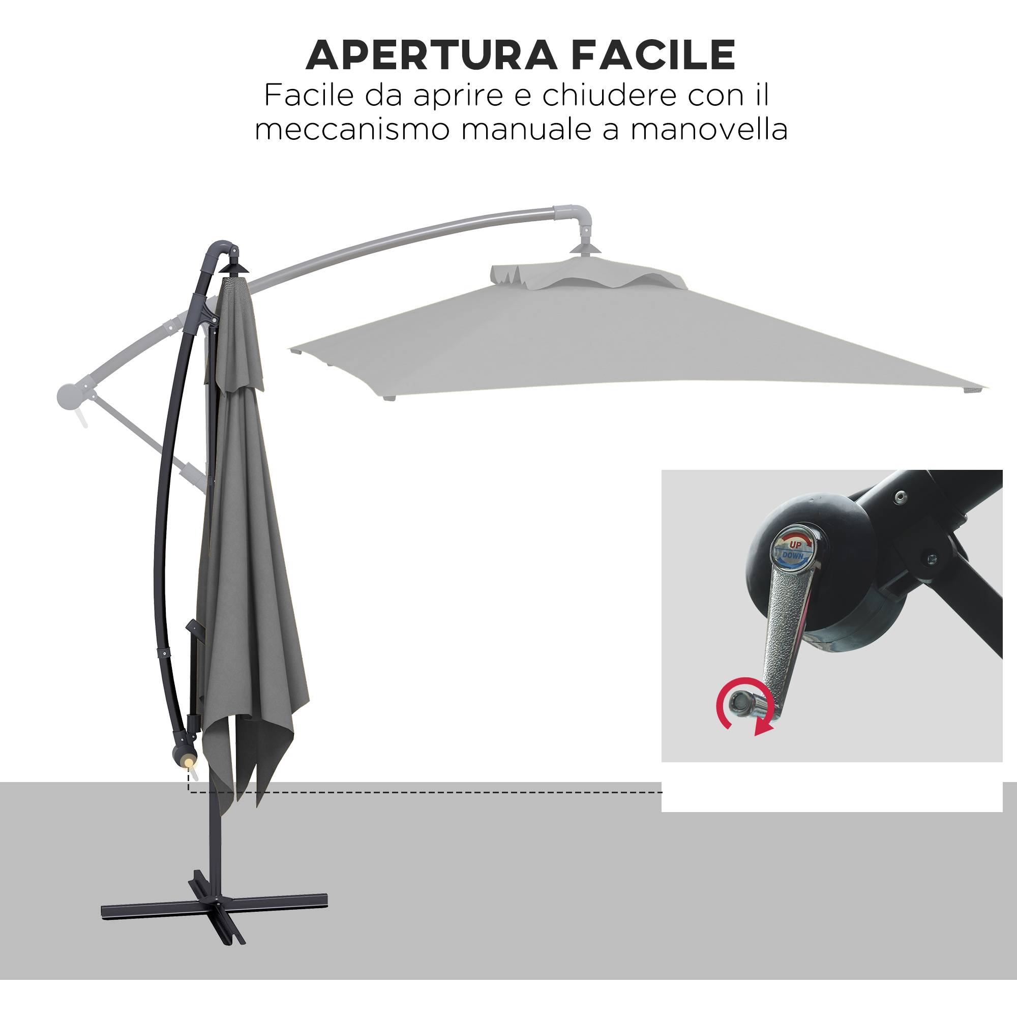 Parasol de jardin Off-Cross avec pied en croix et ouverture à manivelle, 294 x 193 cm, gris - Image 6