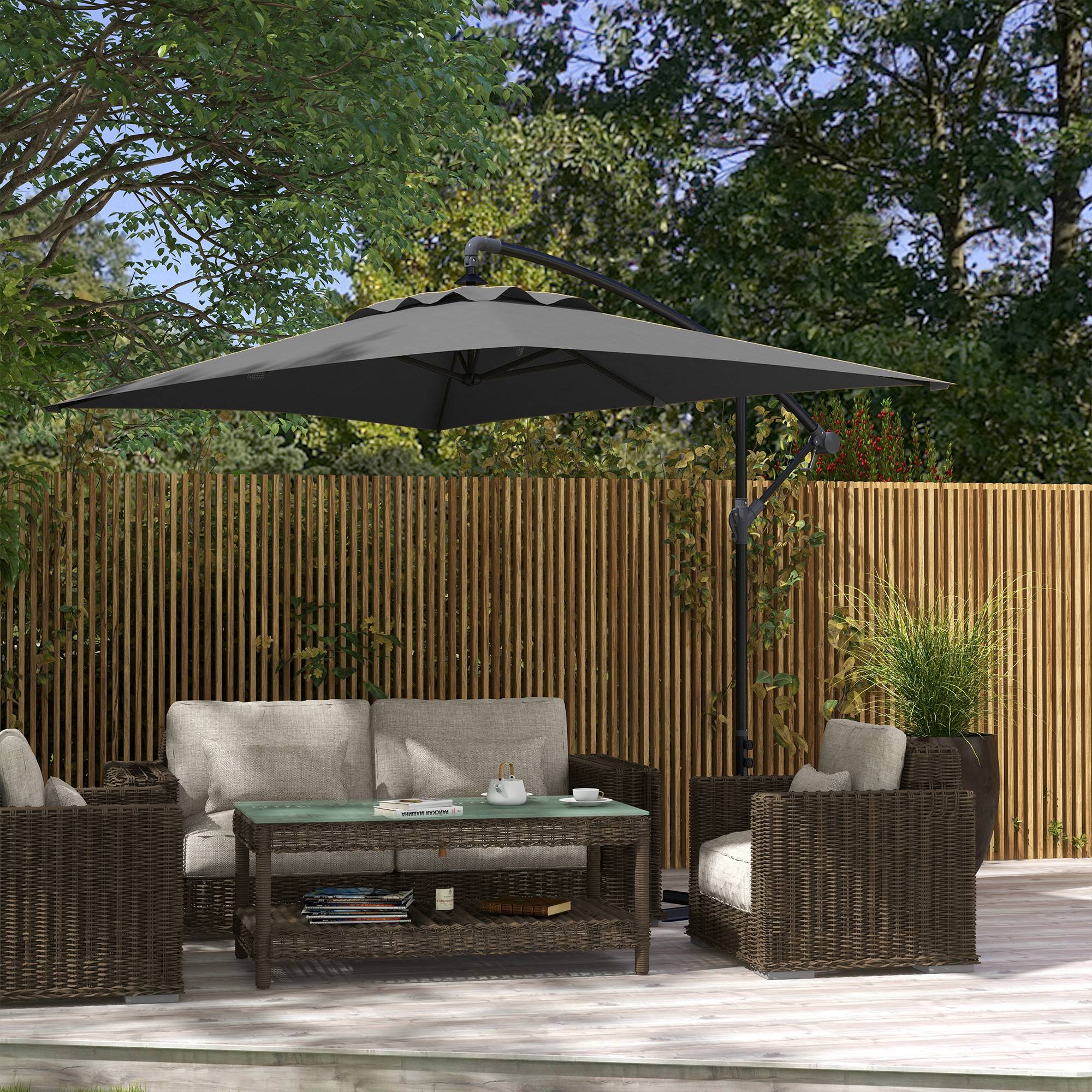 Parasol de jardin Off-Cross avec pied en croix et ouverture à manivelle, 294 x 193 cm, gris - Image 4