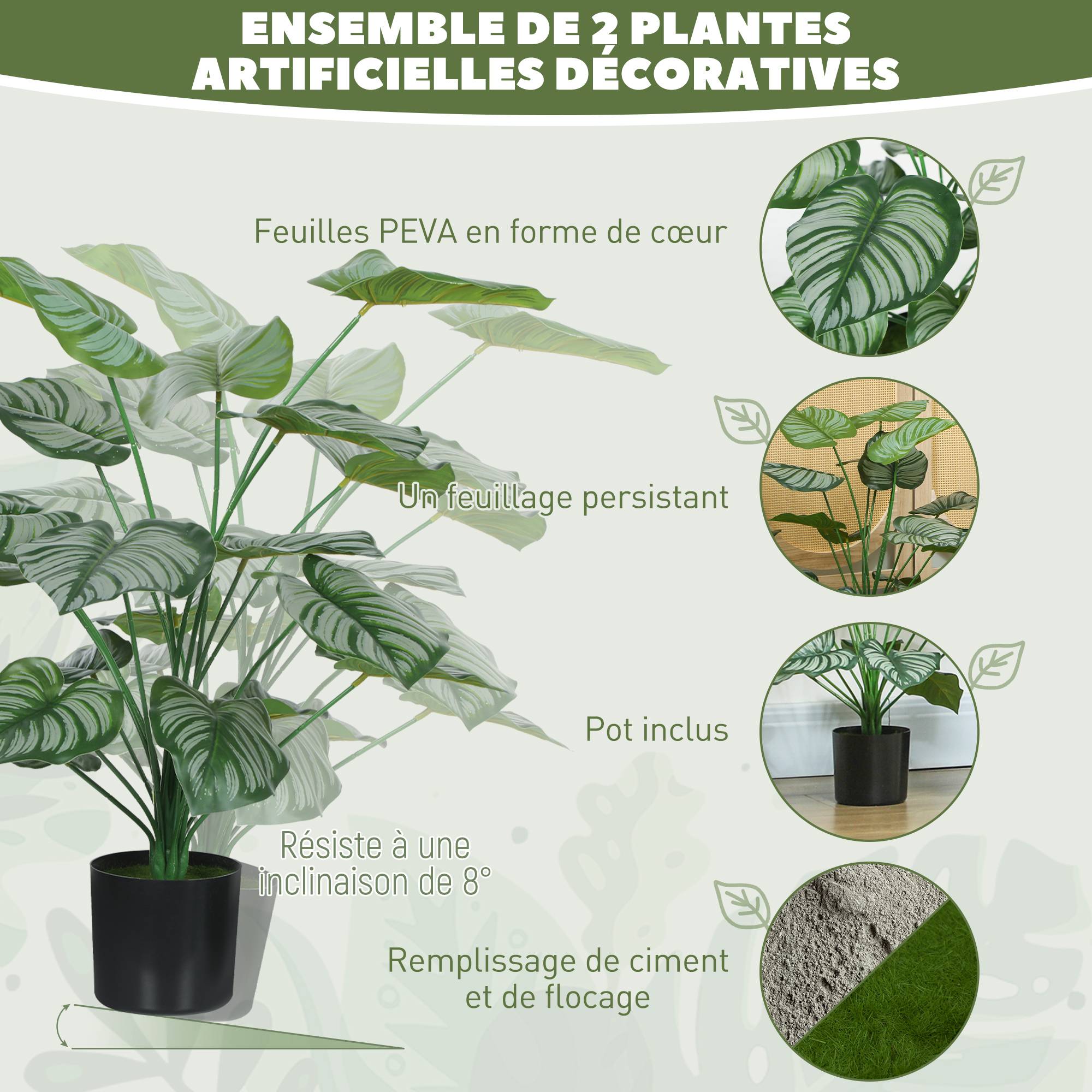 Lot de 2 plantes artificielles intérieures 65 cm, arbre artificiel avec pot en plastique et flocage, vert - Image 6