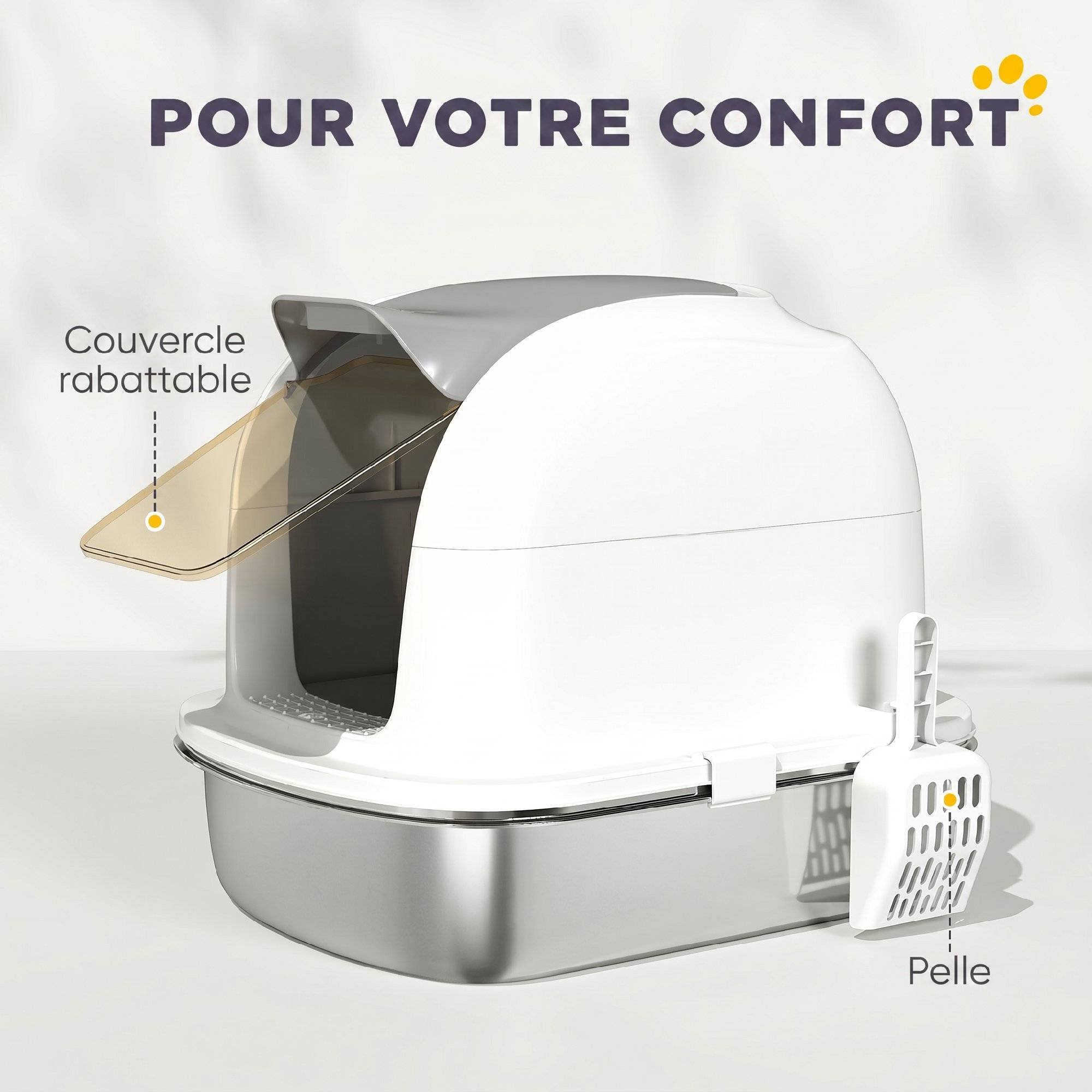 ComfortXL - Bac à litière fermé pour chat en acier inoxydable blanc XL 52,4 x 41,3 x 42 cm couvercle relevable anti-odeurs - Image 7