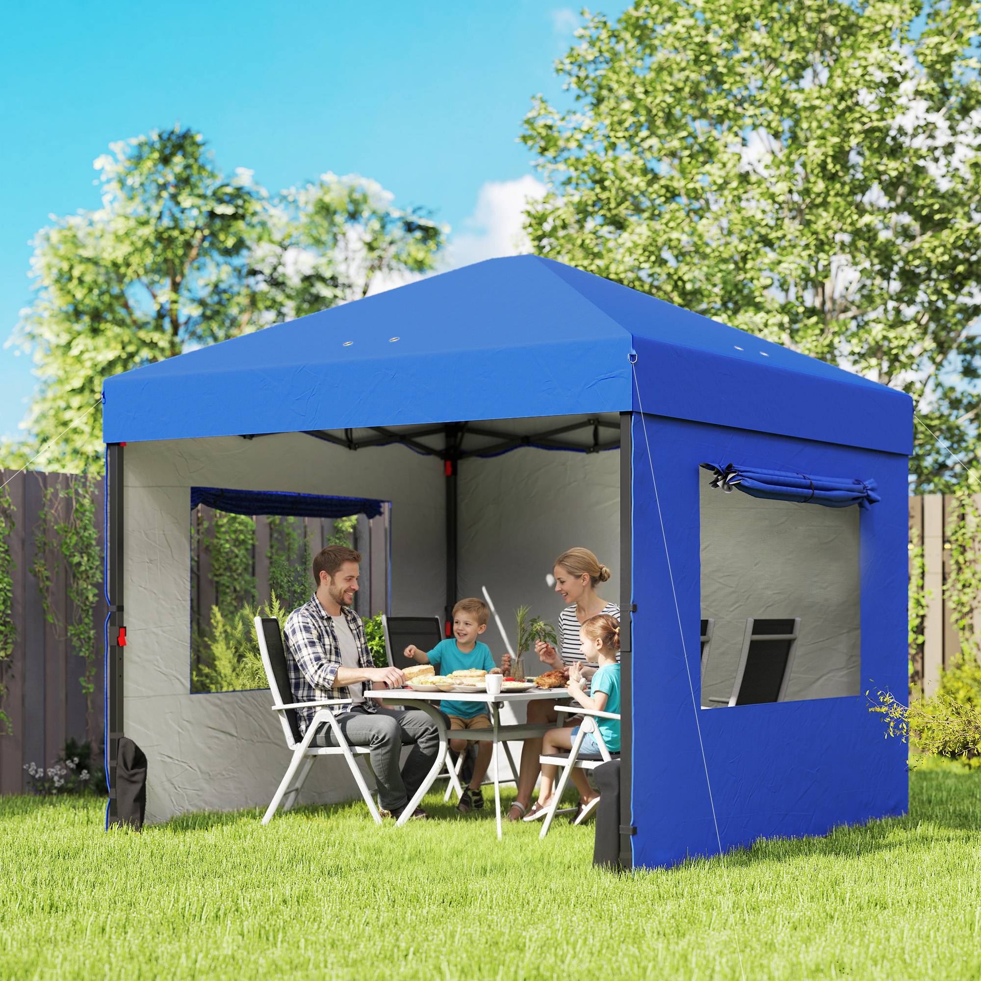 Tente pliante pop-up 3x3m avec 3 parois, 2 fenêtres, hauteur réglable, protection UPF50+, sac de transport et sacs de lestage, bleue - Image 3