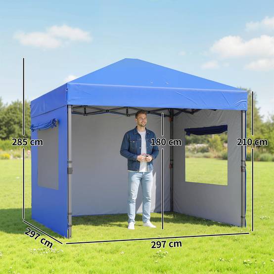 Tente pliante pop-up 3x3m avec 3 parois, 2 fenêtres, hauteur réglable, protection UPF50+, sac de transport et sacs de lestage, bleue - Image 5