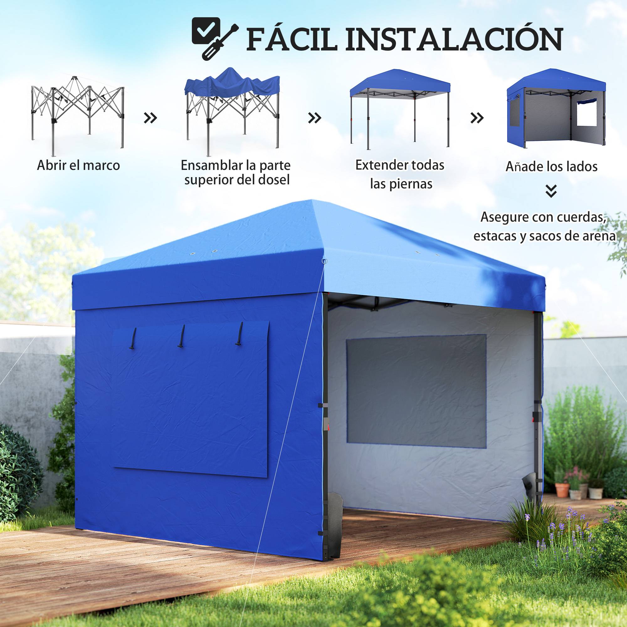 Tente pliante pop-up 3x3m avec 3 parois, 2 fenêtres, hauteur réglable, protection UPF50+, sac de transport et sacs de lestage, bleue - Image 9