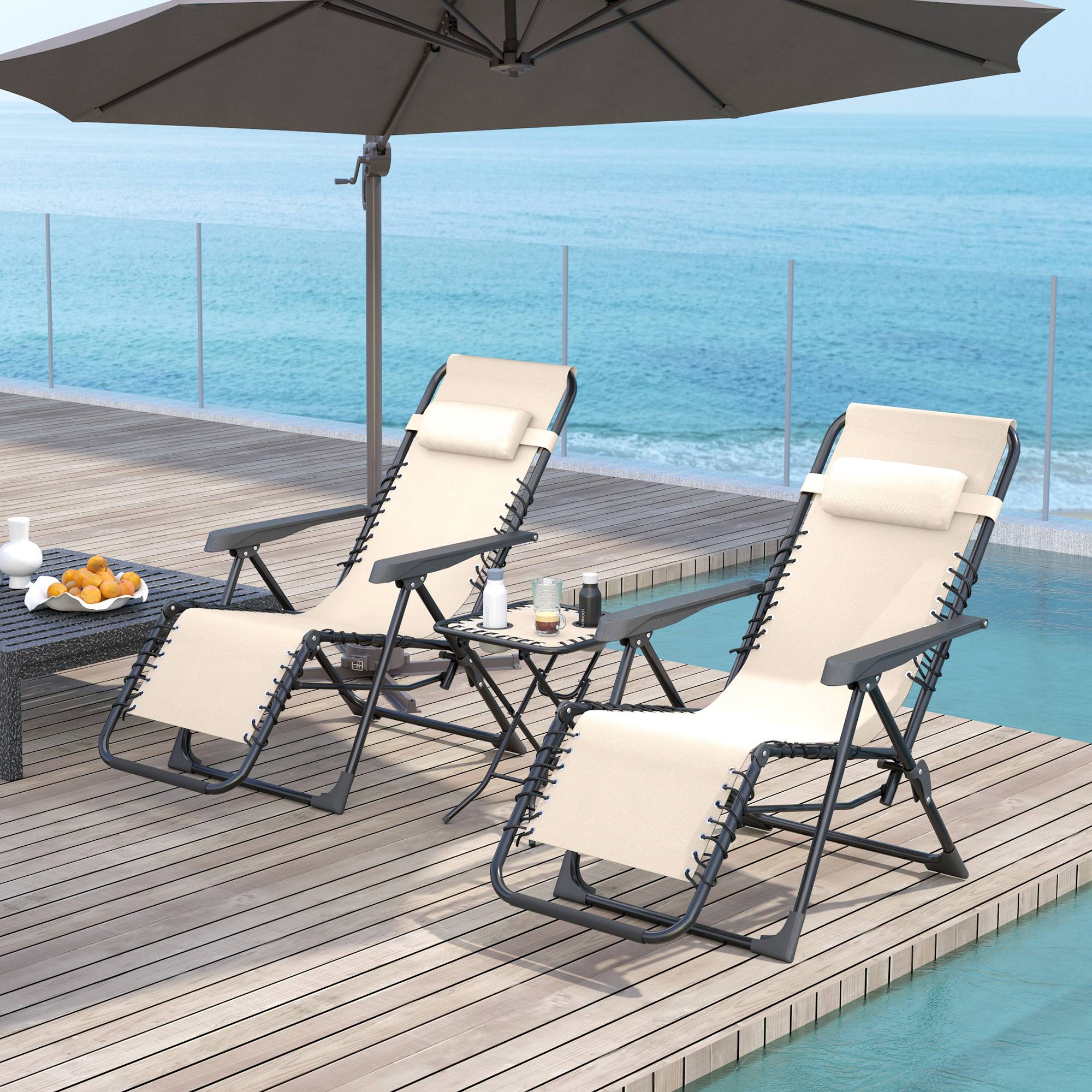 Lot de 2 chaise longue pliable et inclinable avec table d'appoint, porte-gobelets et appuie-têtes, charge 120 kg, beige - Image 3