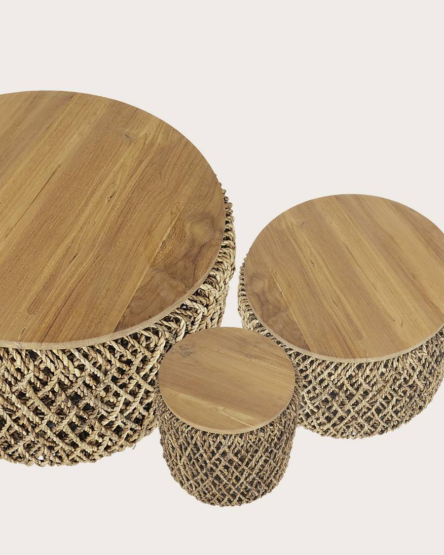 Yuda - Lot de trois tables en bois de teck massif et tissage banane avec rangements - UNIQKA - Image 3