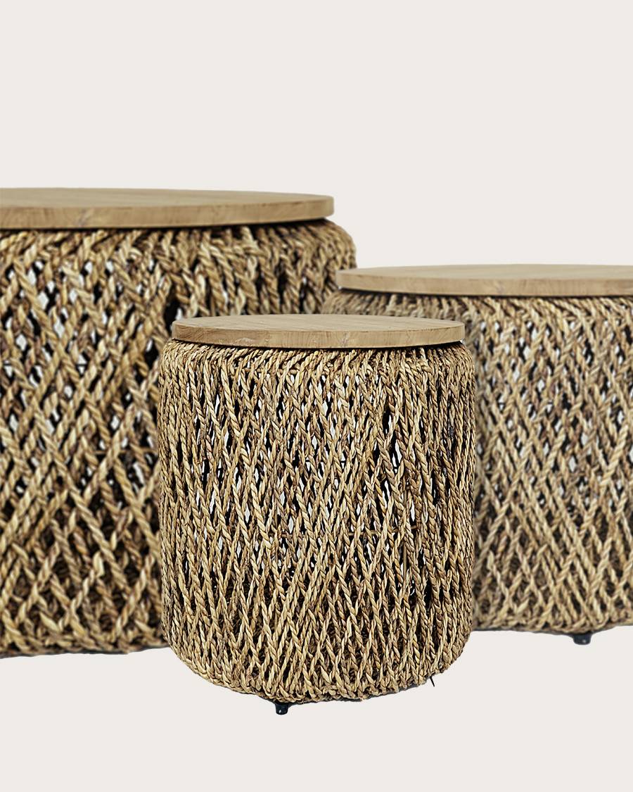 Yuda - Lot de trois tables en bois de teck massif et tissage banane avec rangements - UNIQKA - Image 1