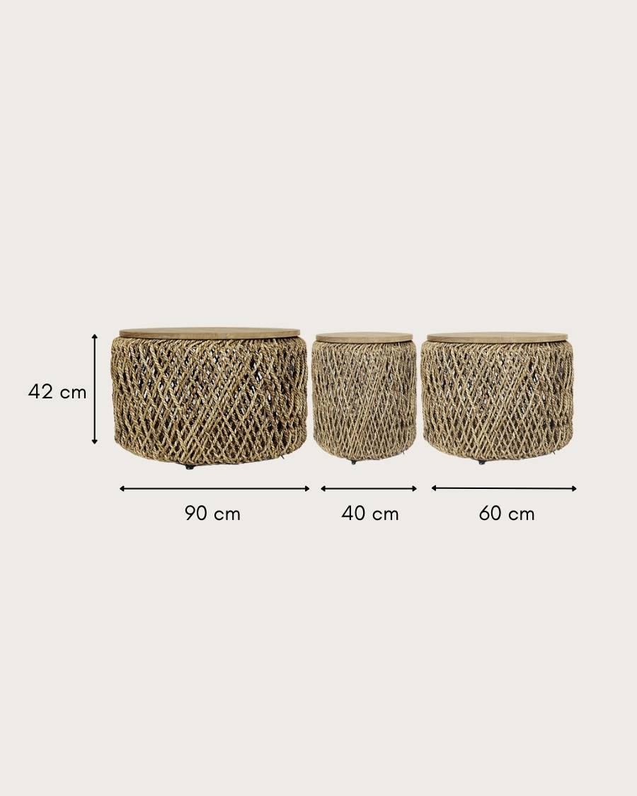 Yuda - Lot de trois tables en bois de teck massif et tissage banane avec rangements - UNIQKA - Image 7