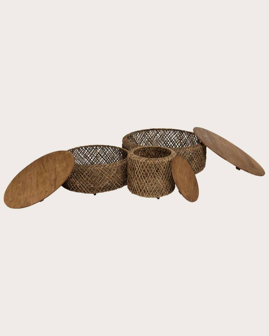 Yuda - Lot de trois tables en bois de teck massif et tissage banane avec rangements - UNIQKA - Image 4