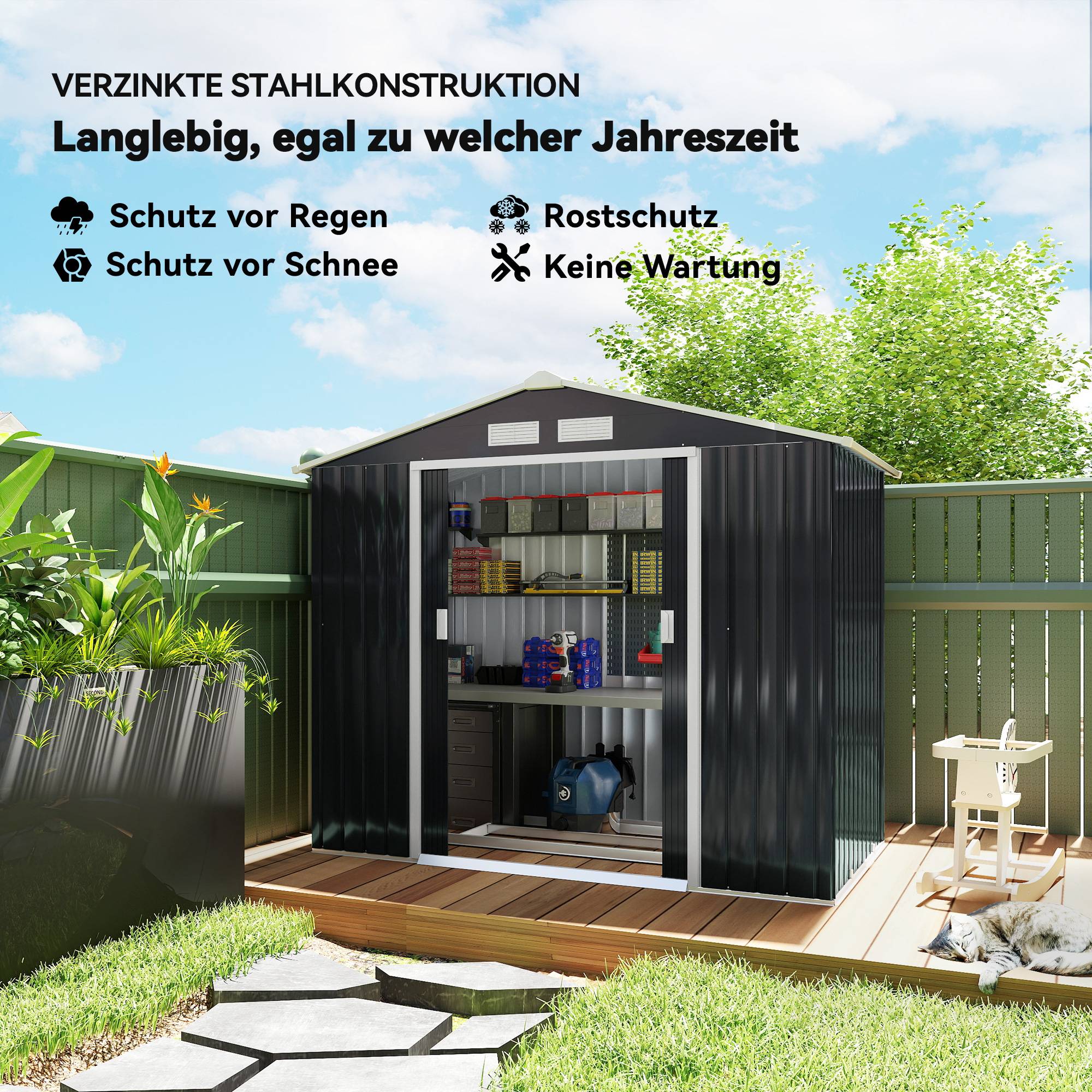 Abri de jardin Outsunny portes coulissantes 2,13x1,30x1,85 m métal gris anthracite cabanon extérieur moderne jardin - Image 6