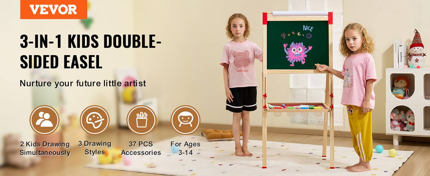Vevor - VEVOR Chevalet art enfants, double face, bois 3-en-1, accessoires peinture. - Image 9