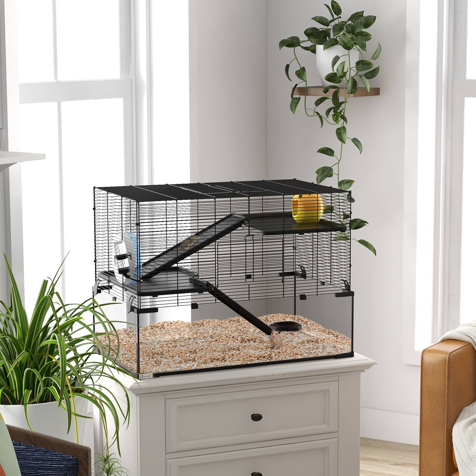 Cage hamster rongeur 3 niveaux, roue, rampes, cabane, abreuvoir, mangeoire, 76,5x48,5x54,5cm, noir - Image 3
