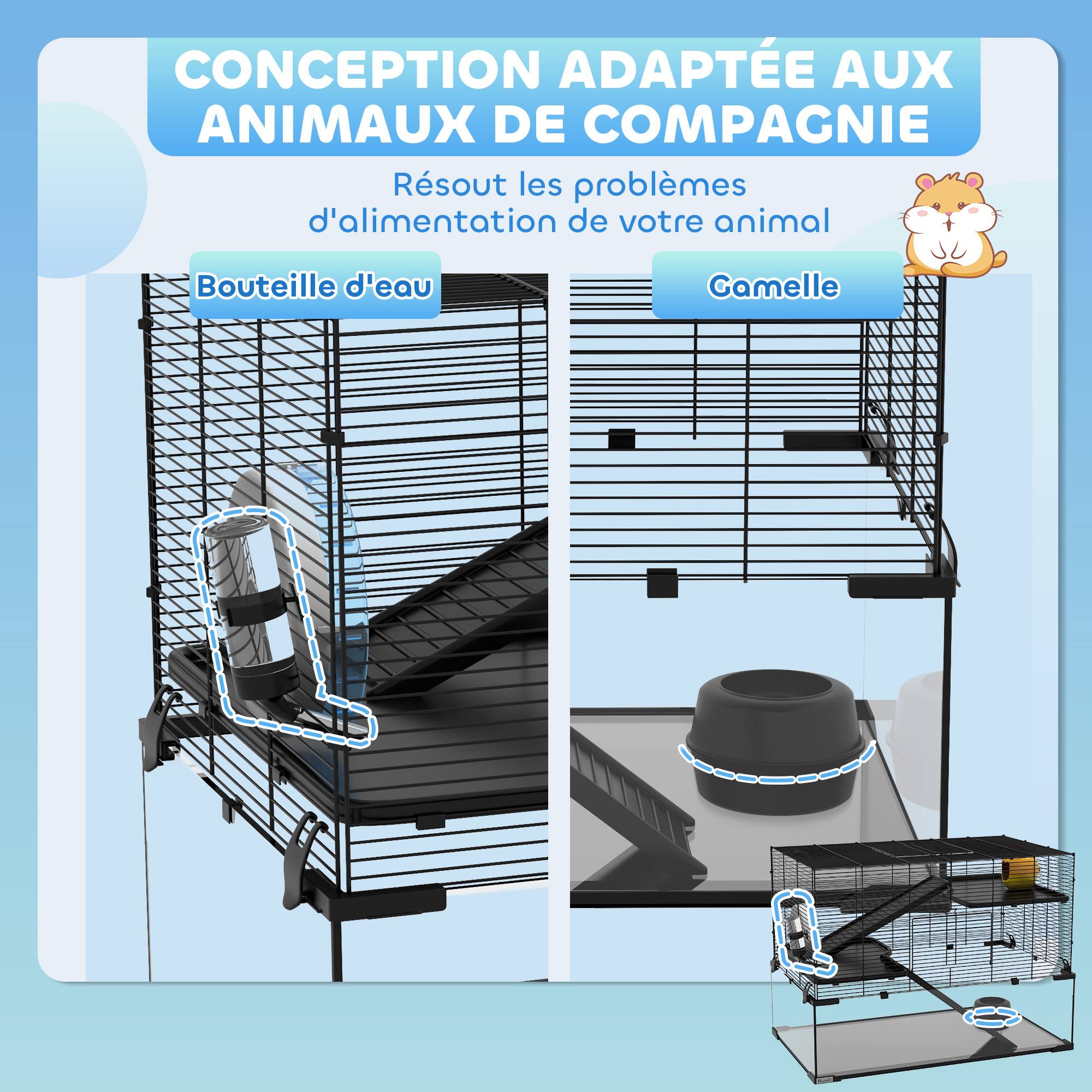 Cage hamster rongeur 3 niveaux, roue, rampes, cabane, abreuvoir, mangeoire, 76,5x48,5x54,5cm, noir - Image 7