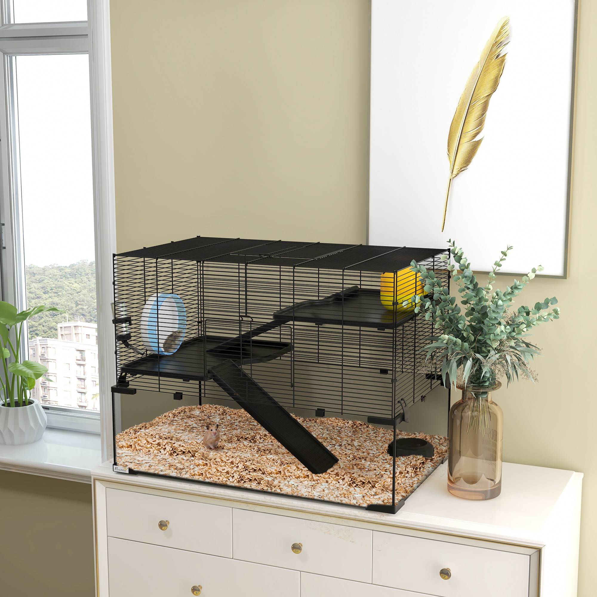 Cage hamster rongeur 3 niveaux, roue, rampes, cabane, abreuvoir, mangeoire, 76,5x48,5x54,5cm, noir - Image 4
