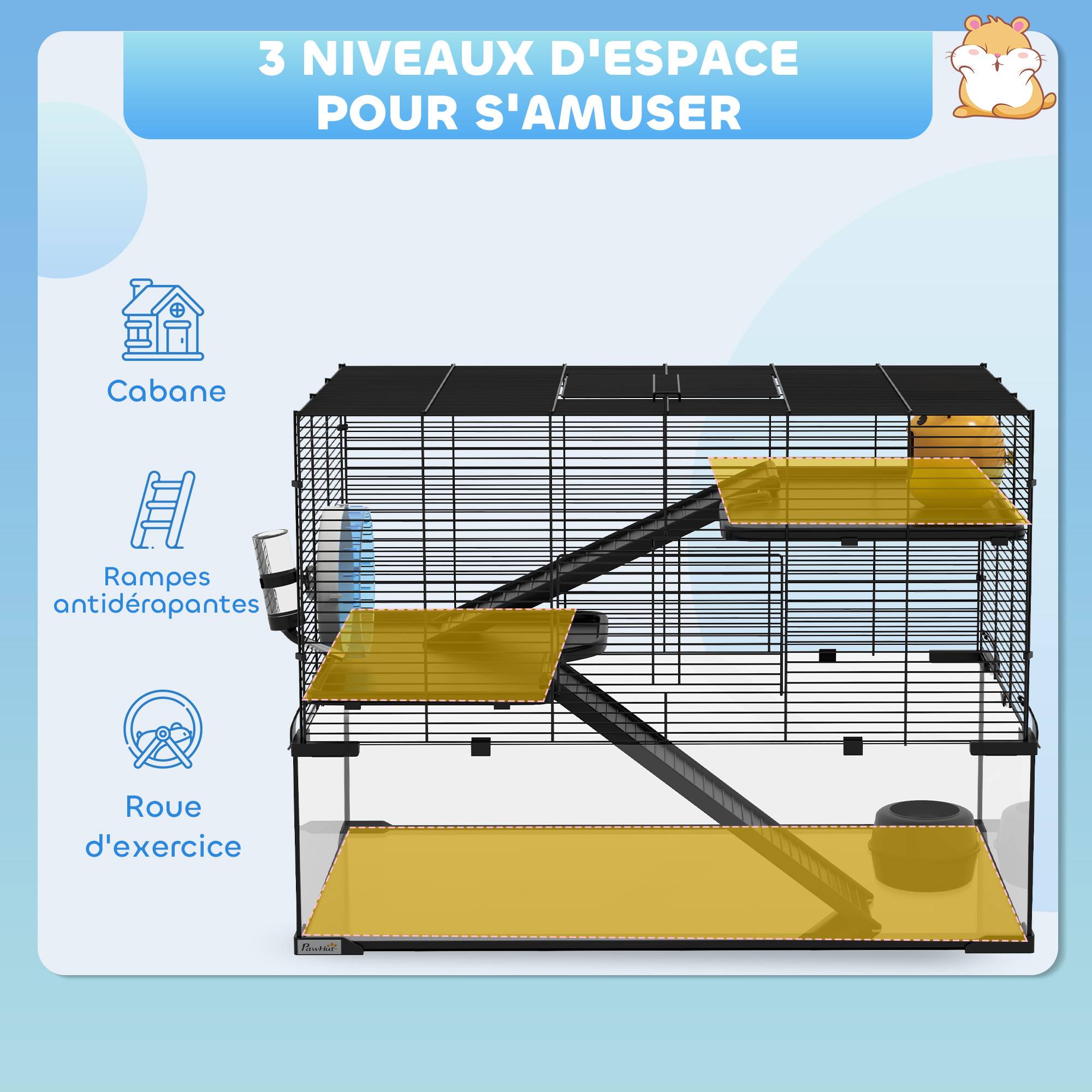 Cage hamster rongeur 3 niveaux, roue, rampes, cabane, abreuvoir, mangeoire, 76,5x48,5x54,5cm, noir - Image 6