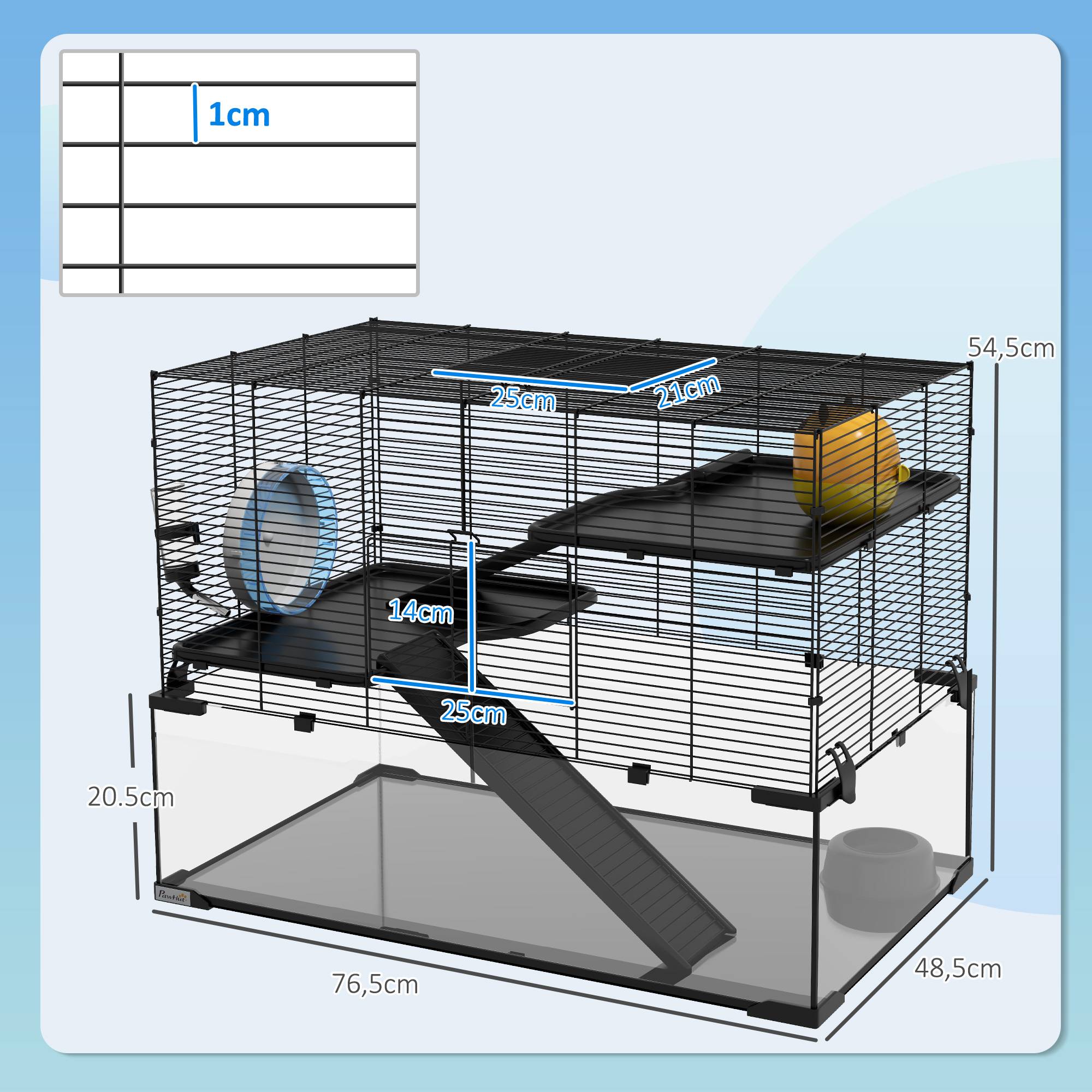 Cage hamster rongeur 3 niveaux, roue, rampes, cabane, abreuvoir, mangeoire, 76,5x48,5x54,5cm, noir - Image 5