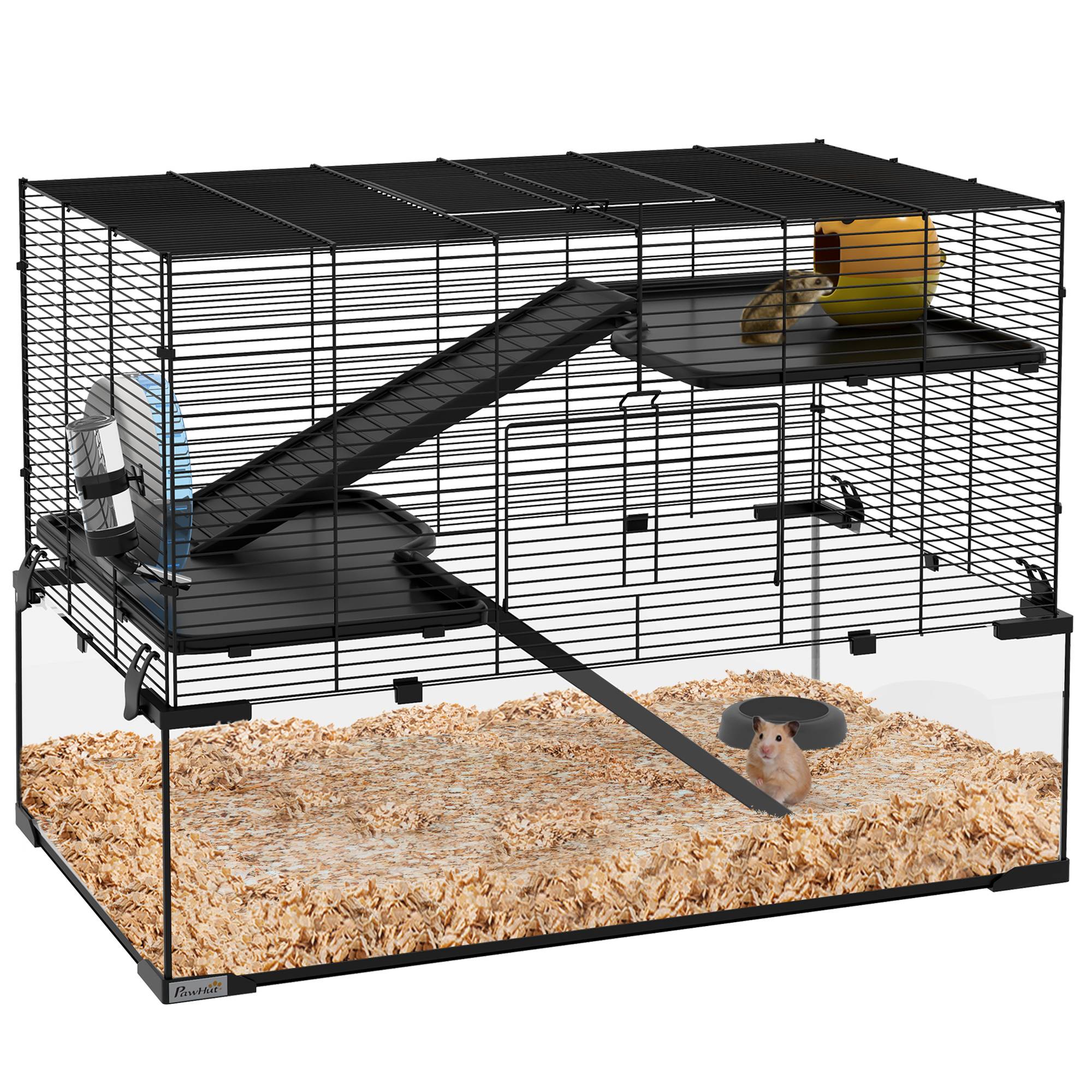 Cage hamster rongeur 3 niveaux, roue, rampes, cabane, abreuvoir, mangeoire, 76,5x48,5x54,5cm, noir - Image 1