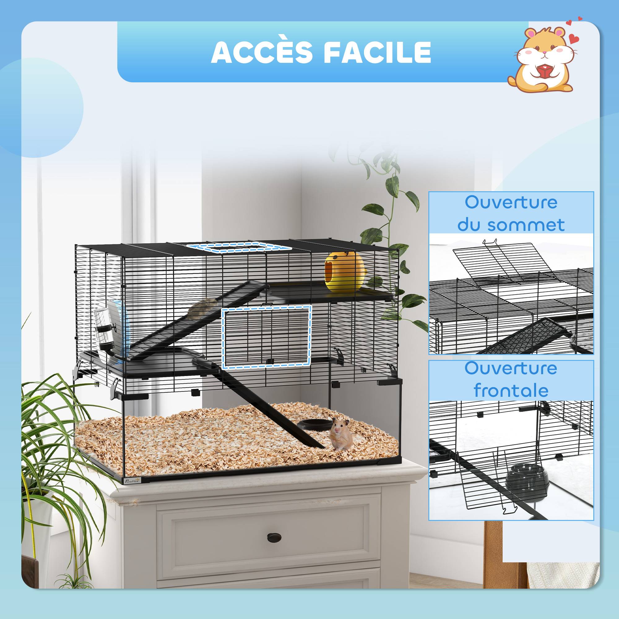 Cage hamster rongeur 3 niveaux, roue, rampes, cabane, abreuvoir, mangeoire, 76,5x48,5x54,5cm, noir - Image 9