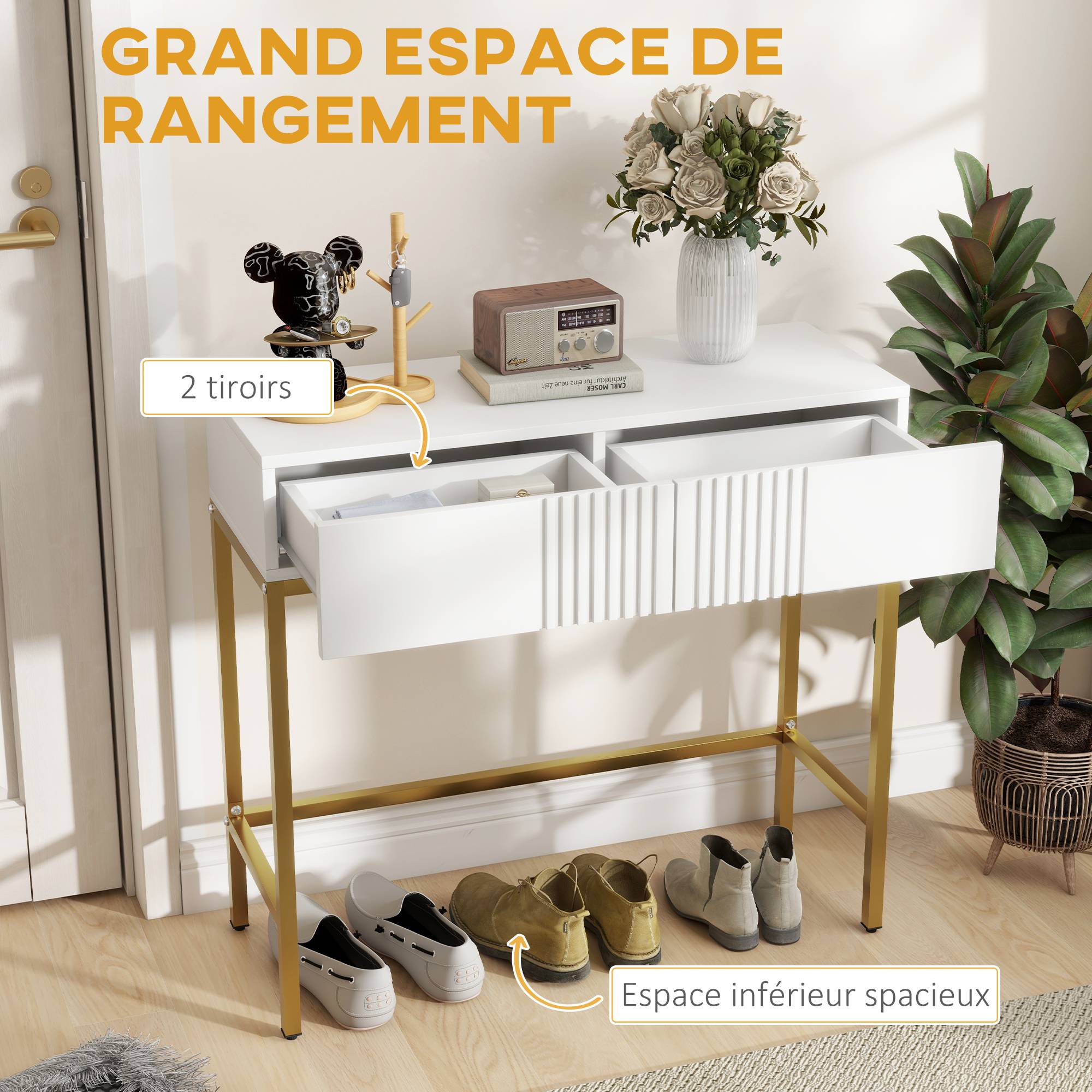 Table console console meuble avec 2 tiroirs base en acier avec pieds antidérapants 80 x 31,5 x 75 cm blanc - Image 6