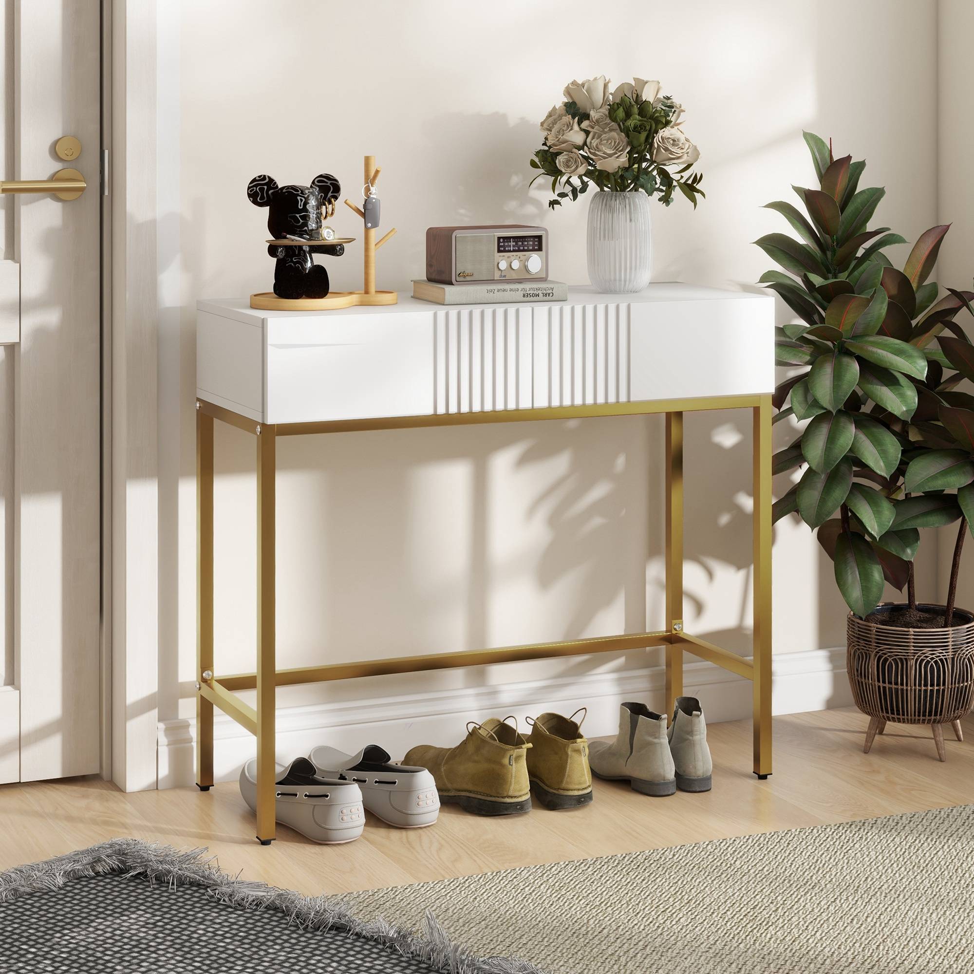 Table console console meuble avec 2 tiroirs base en acier avec pieds antidérapants 80 x 31,5 x 75 cm blanc - Image 4