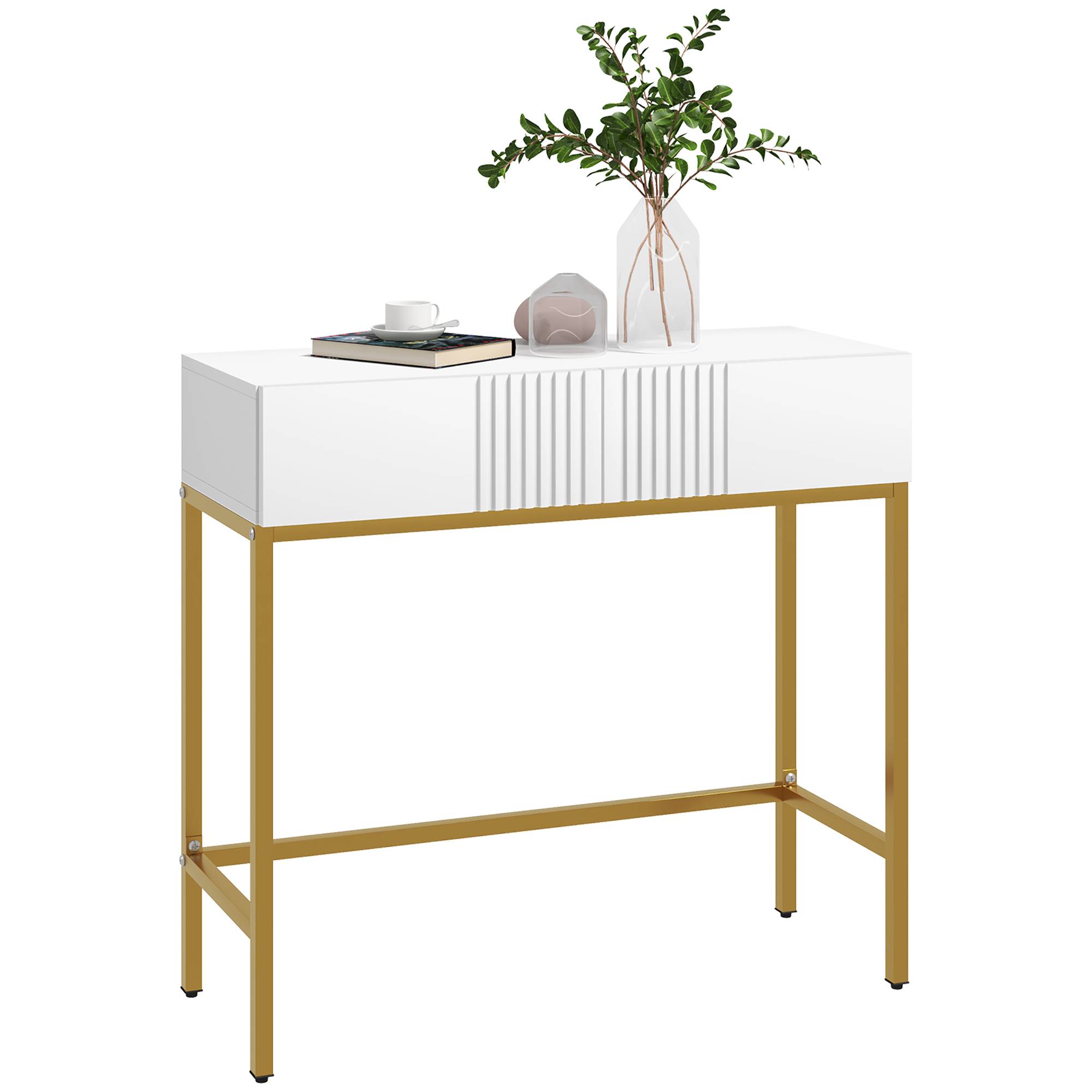 Table console console meuble avec 2 tiroirs base en acier avec pieds antidérapants 80 x 31,5 x 75 cm blanc - Image 1