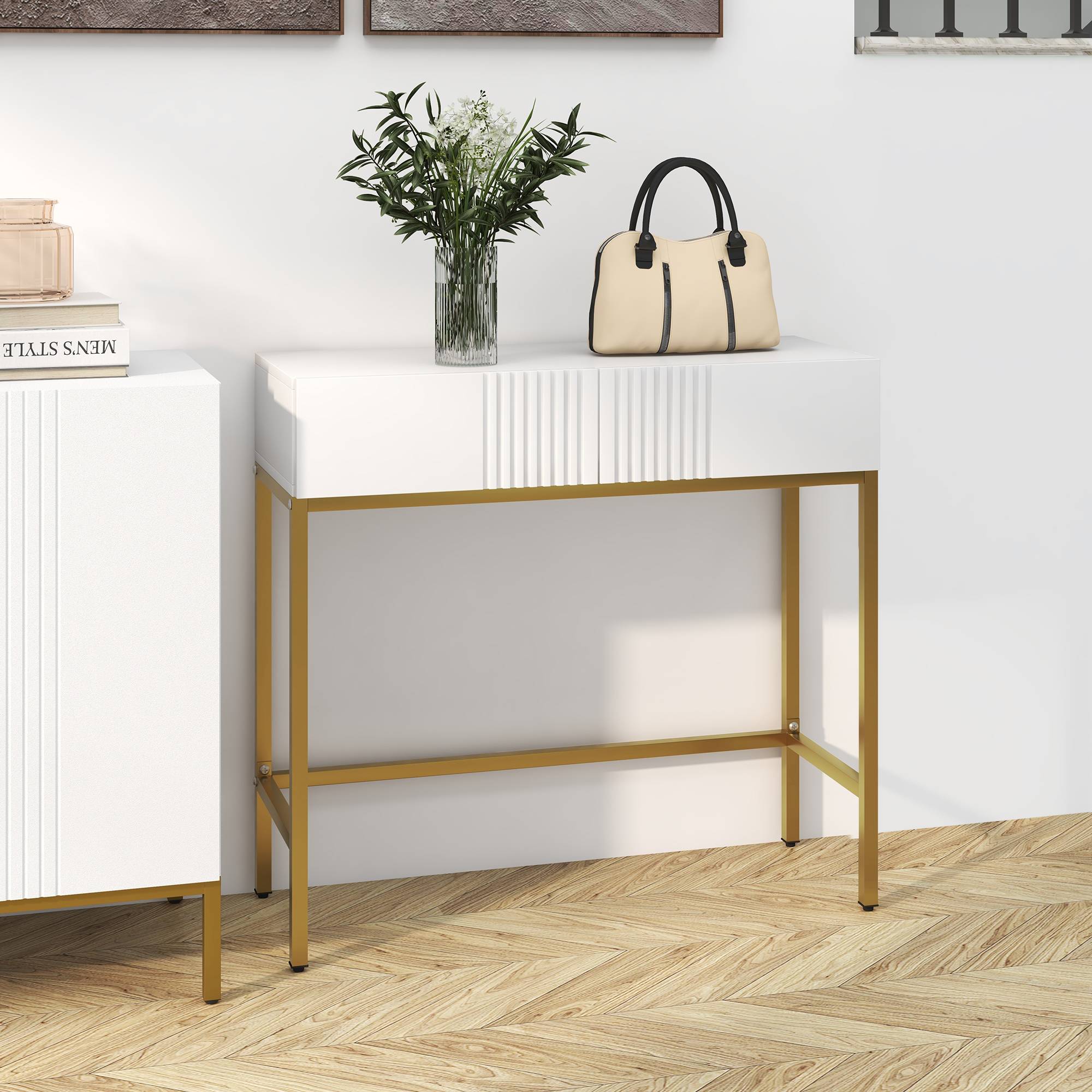 Table console console meuble avec 2 tiroirs base en acier avec pieds antidérapants 80 x 31,5 x 75 cm blanc - Image 3