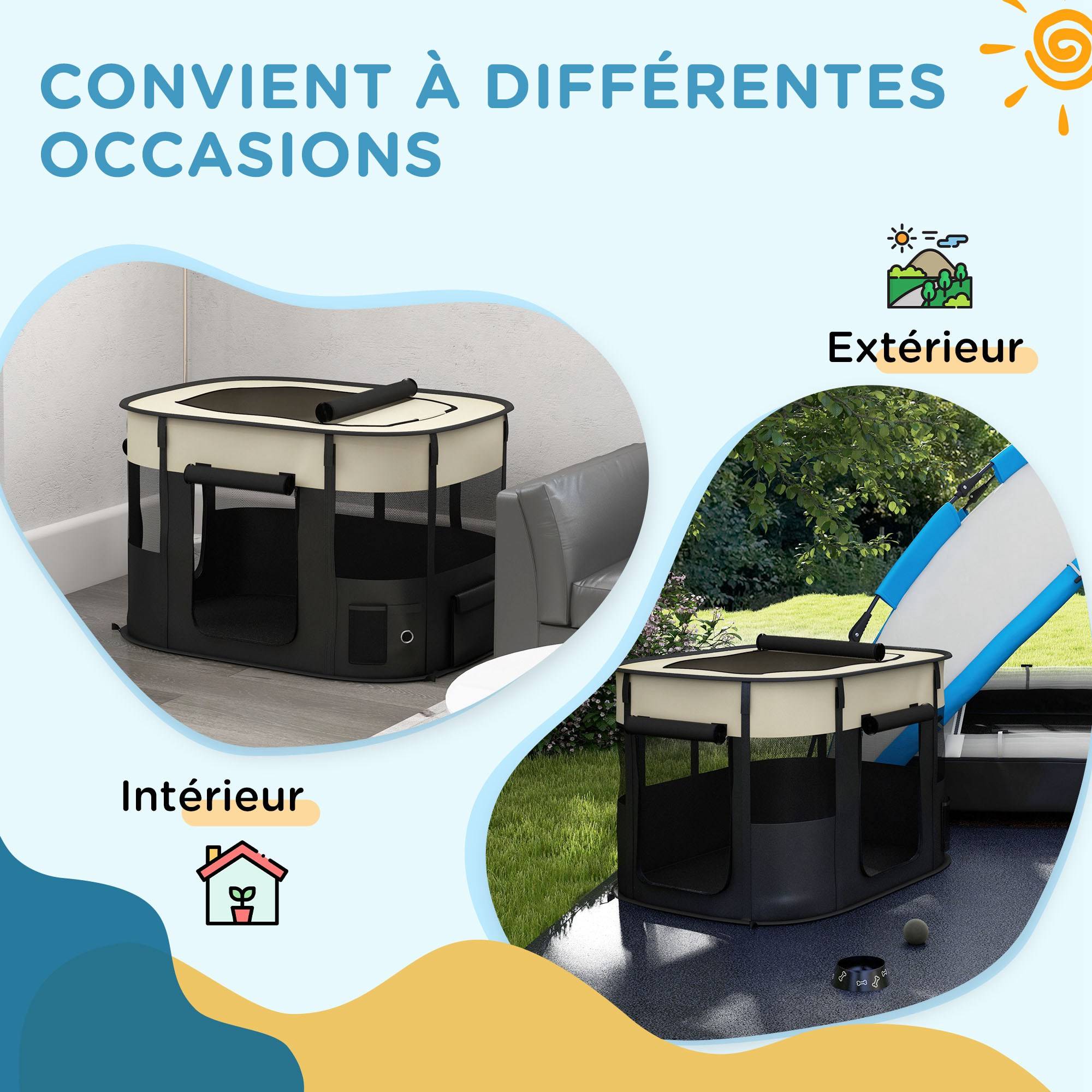 Parc enclos pliable pour chien chat petits animaux en tissu Oxford avec rangement 94 x 74 x 60 cm blanc crème et noir - Image 9