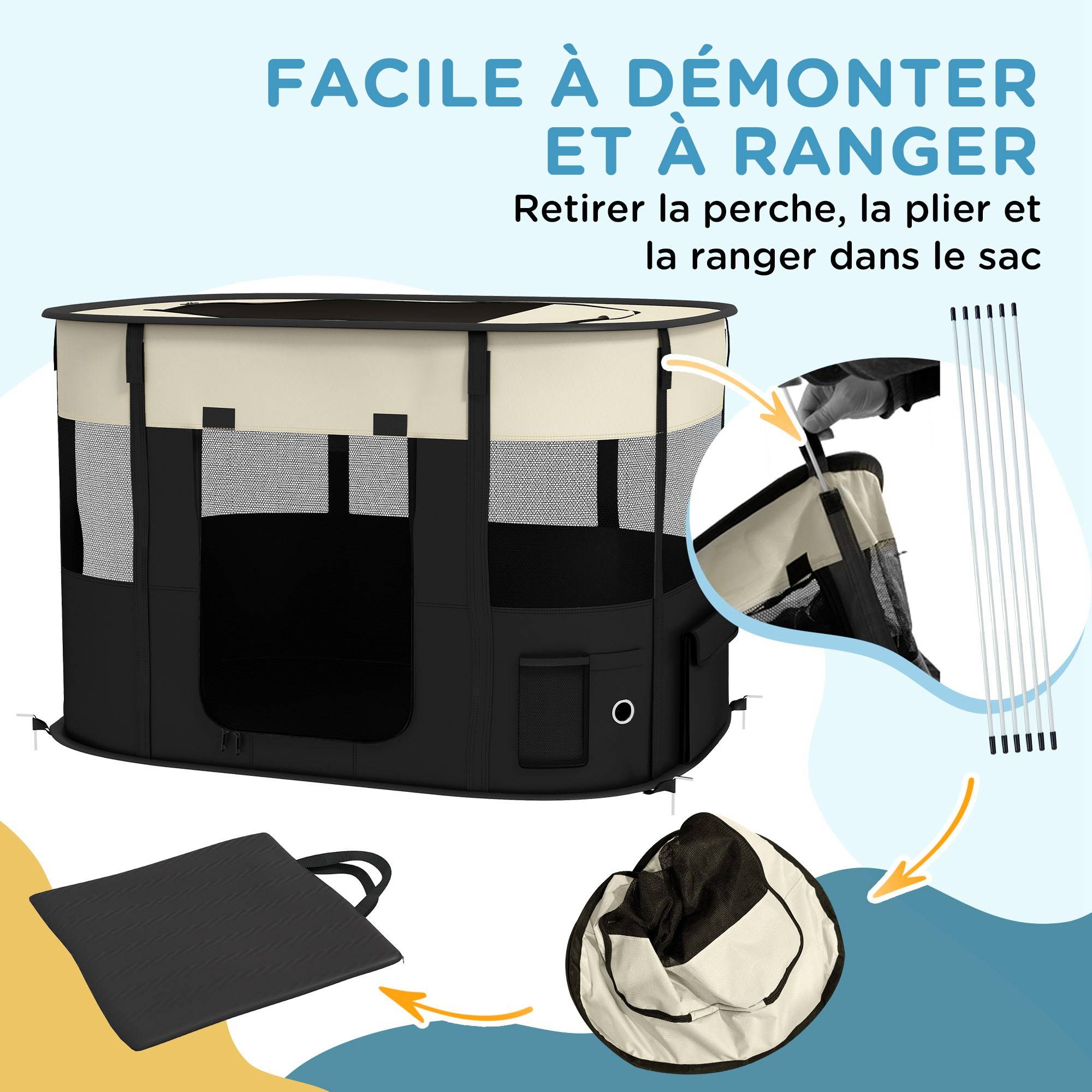 Parc enclos pliable pour chien chat petits animaux en tissu Oxford avec rangement 94 x 74 x 60 cm blanc crème et noir - Image 8