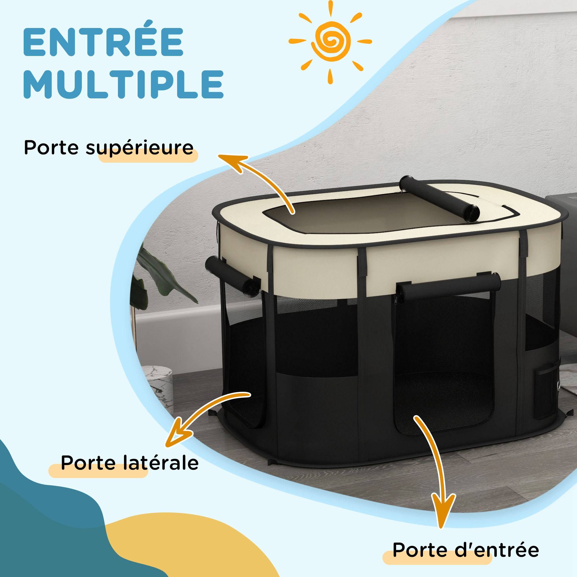 Parc enclos pliable pour chien chat petits animaux en tissu Oxford avec rangement 94 x 74 x 60 cm blanc crème et noir - Image 7