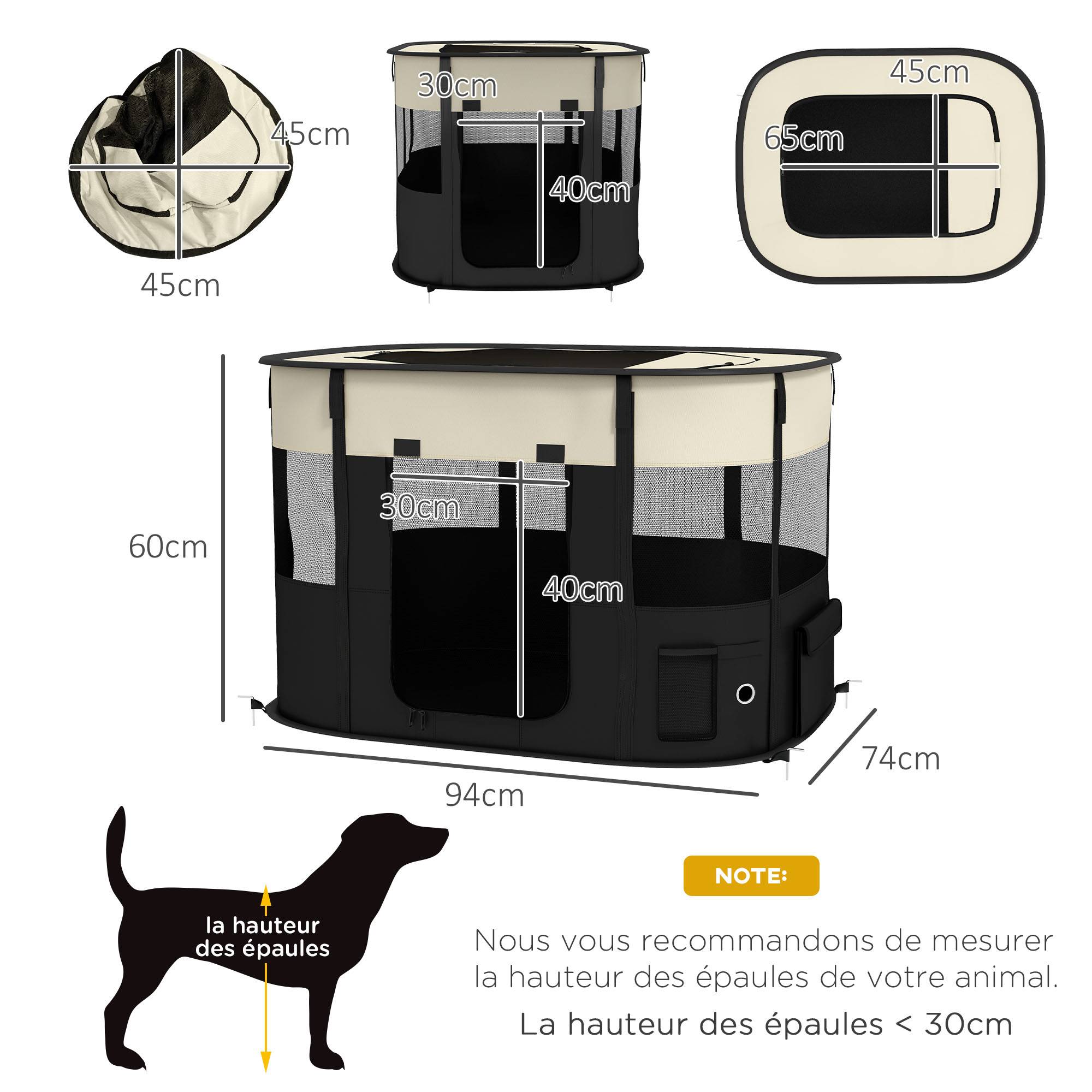 Parc enclos pliable pour chien chat petits animaux en tissu Oxford avec rangement 94 x 74 x 60 cm blanc crème et noir - Image 5