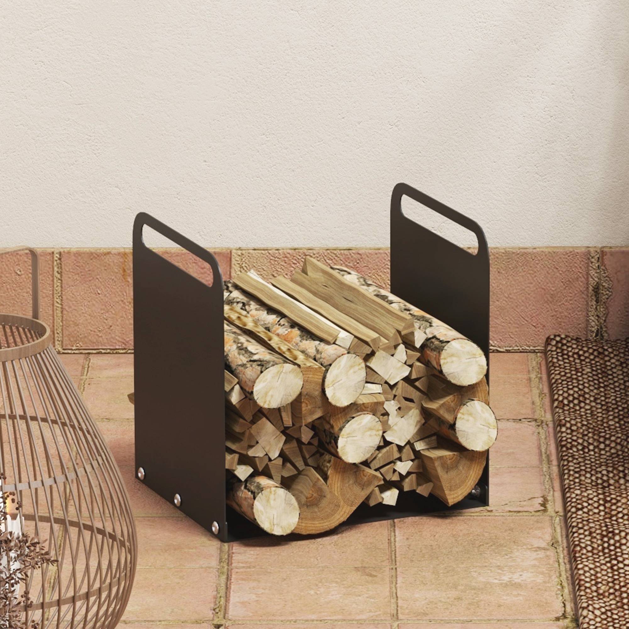 ComfortXL - Range-bûches acier noir 36,5 x 30 x 36 cm pour cheminée avec 2 poignées capacité 30 kg montage facile - Image 8