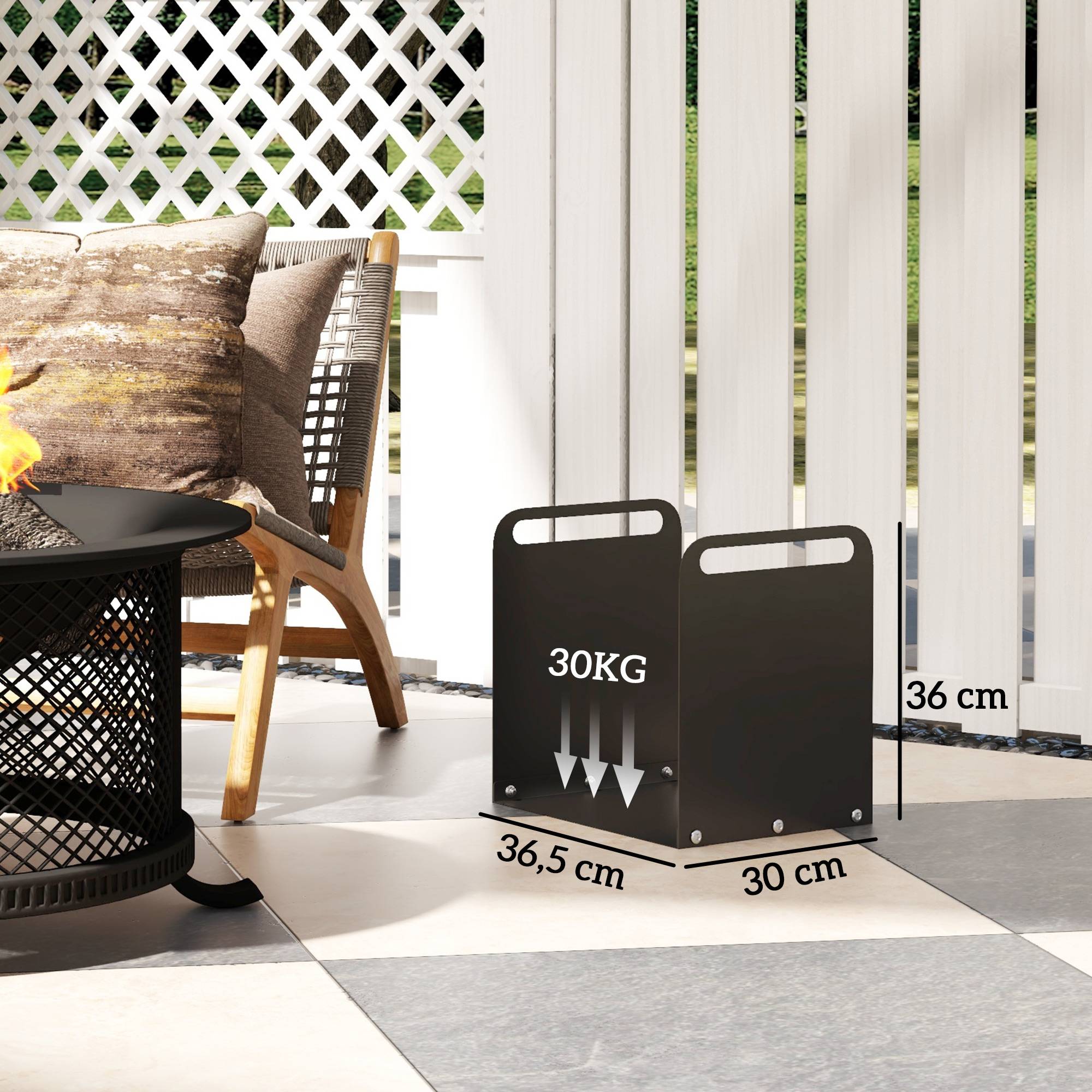 ComfortXL - Range-bûches acier noir 36,5 x 30 x 36 cm pour cheminée avec 2 poignées capacité 30 kg montage facile - Image 3