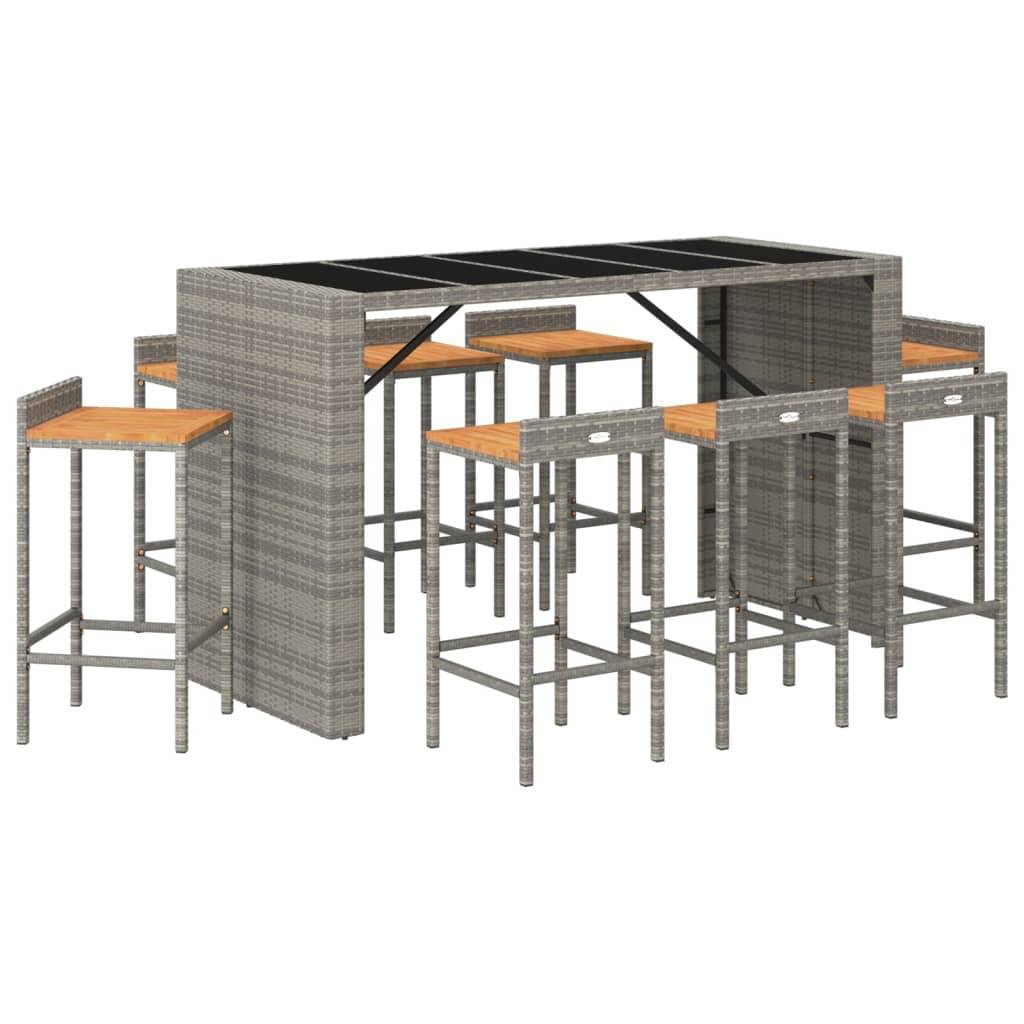 Helloshop26 - Ensemble de bar de jardin meuble extérieur terrasse 9 pièces gris poly rotin/bois massif acacia - Image 1
