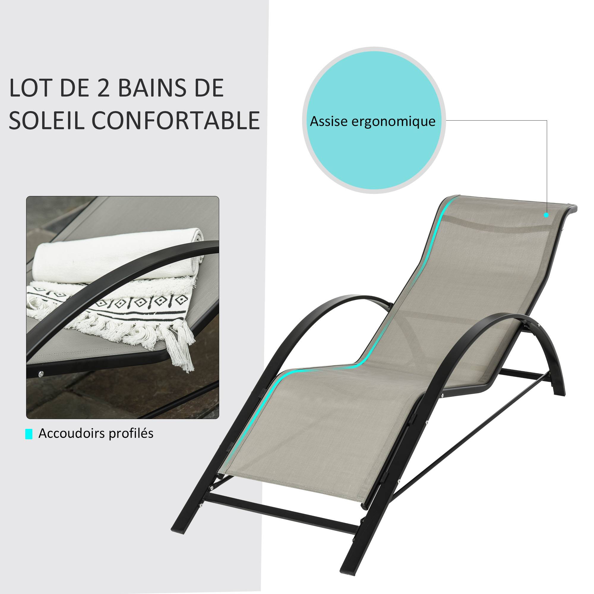 Outsunny - Lot de 2 bains de soleil design contemporain table basse plateau verre trempé métal époxy textilène grège - Outsunny - Image 4