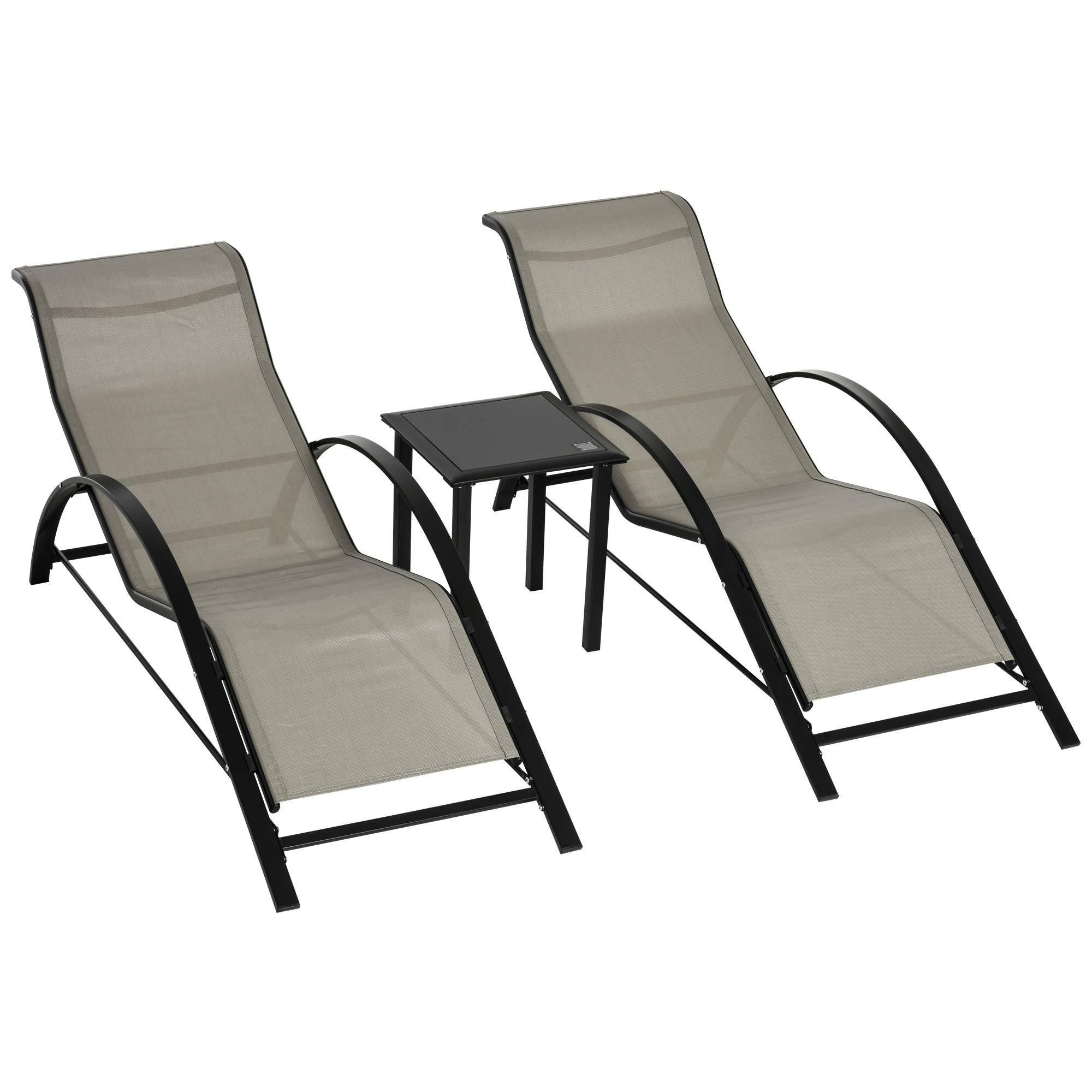 Outsunny - Lot de 2 bains de soleil design contemporain table basse plateau verre trempé métal époxy textilène grège - Outsunny - Image 1