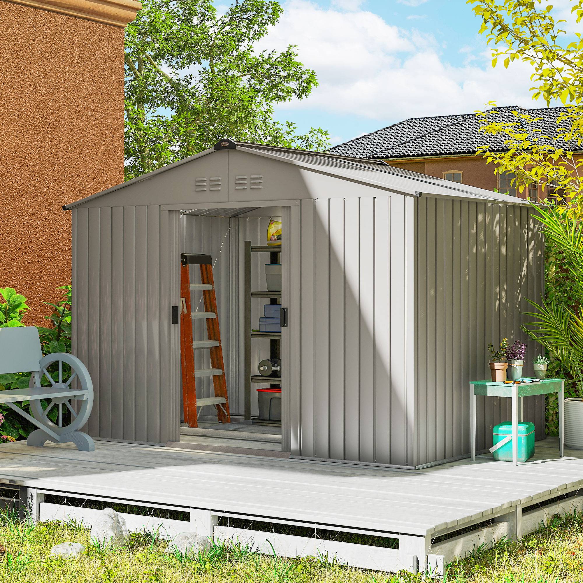 Abri de jardin métal avec aérations double porte coulissante 277x195x192 cm rangement extérieur argent - Image 3
