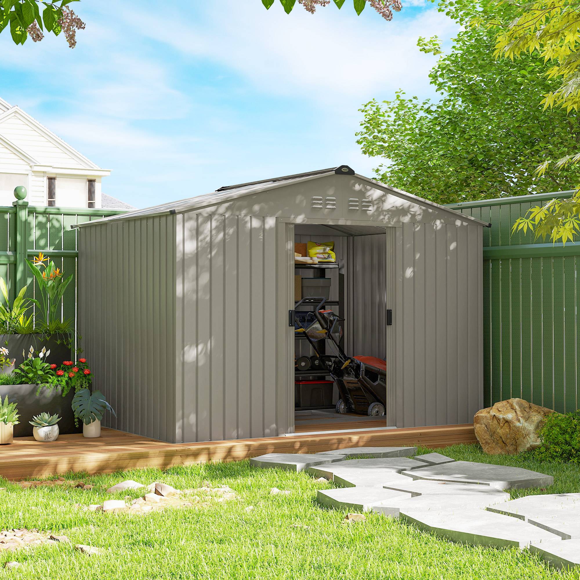 Abri de jardin métal avec aérations double porte coulissante 277x195x192 cm rangement extérieur argent - Image 4